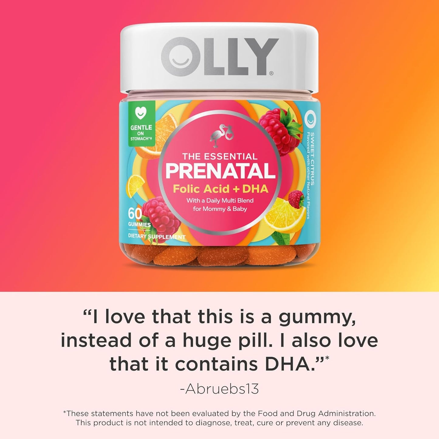 OLLY Prenatal Multivitamin Gummy, Supports Healthy Growth and Brain Development, Folic Acid, Vitamin D, Omega 3 DHA, Chewable Supplement, Citrus Berry Flavor, 30 Day Supply - 60 Count