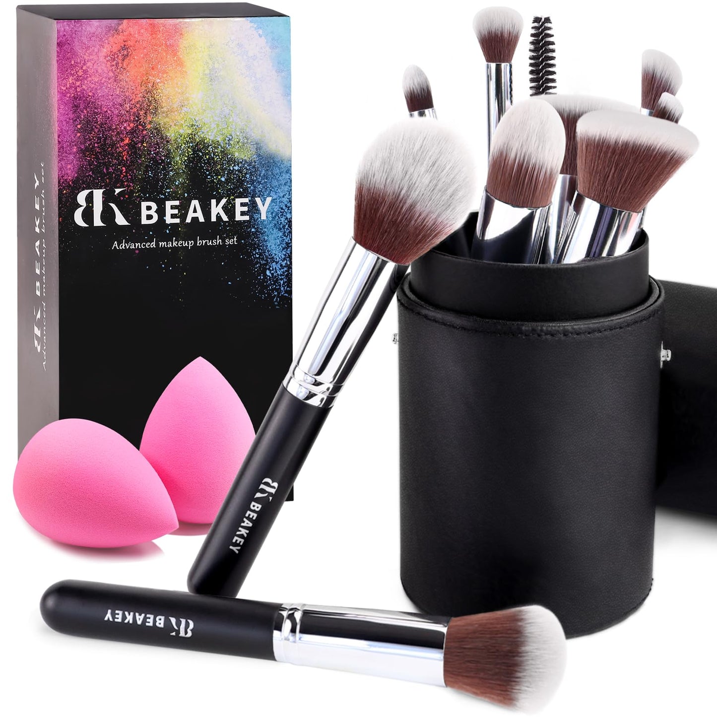 BEAKEY Makeup Brushes Set, Professional Foundation Eyeshadow Concealer Blush Powder Bronzer Applicator, 2 Blender Sponge with Beauty Paper Case