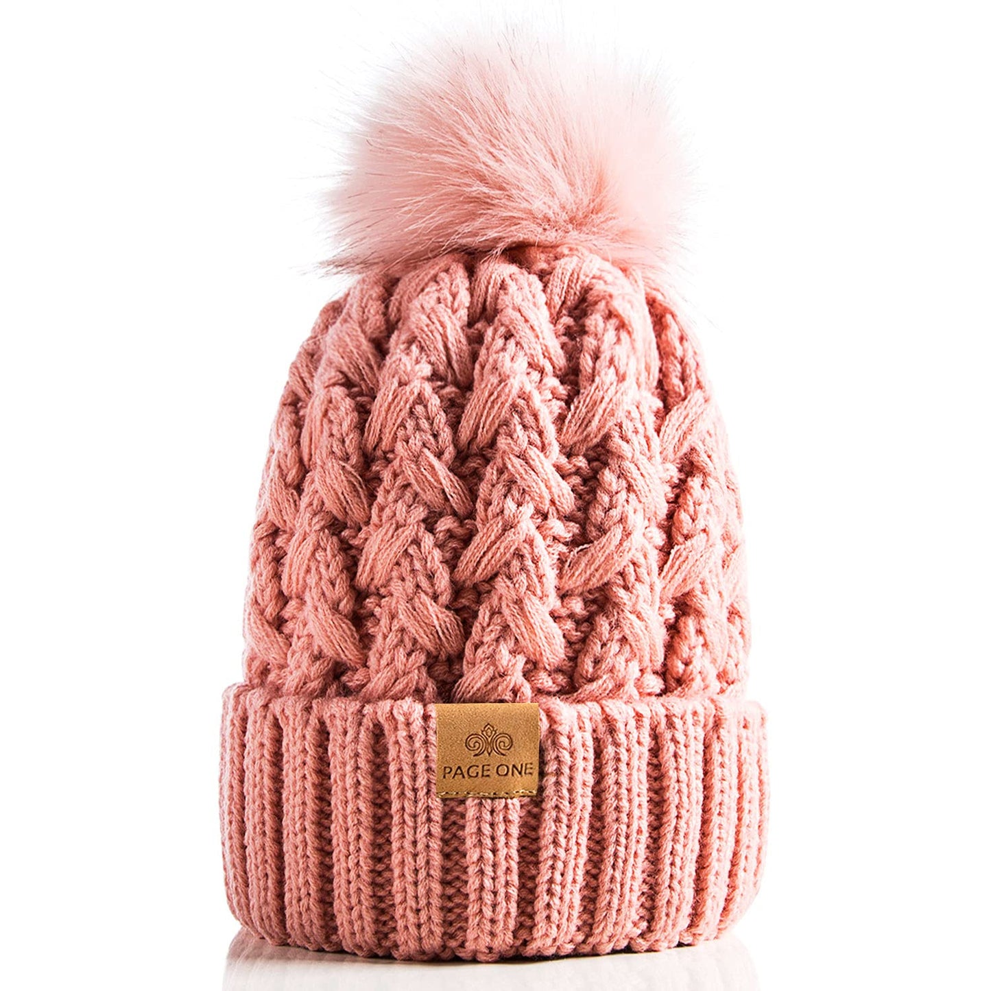 PAGE ONE Womens Winter Ribbed Beanie Crossed Cap Chunky Cable Knit Pompom Soft Warm Hat
