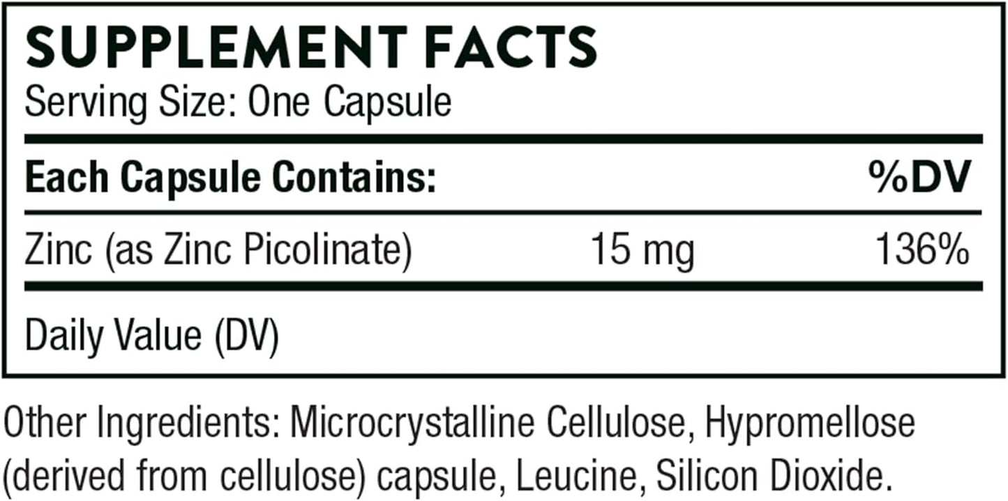 THORNE - Zinc Picolinate 15mg - Highly Absorbable Zinc Supplement - Supports Wellness, Immune System, Eye, Skin, and Reproductive Health* - Gluten-Free, Soy-Free, Dairy-Free - 60 Capsules