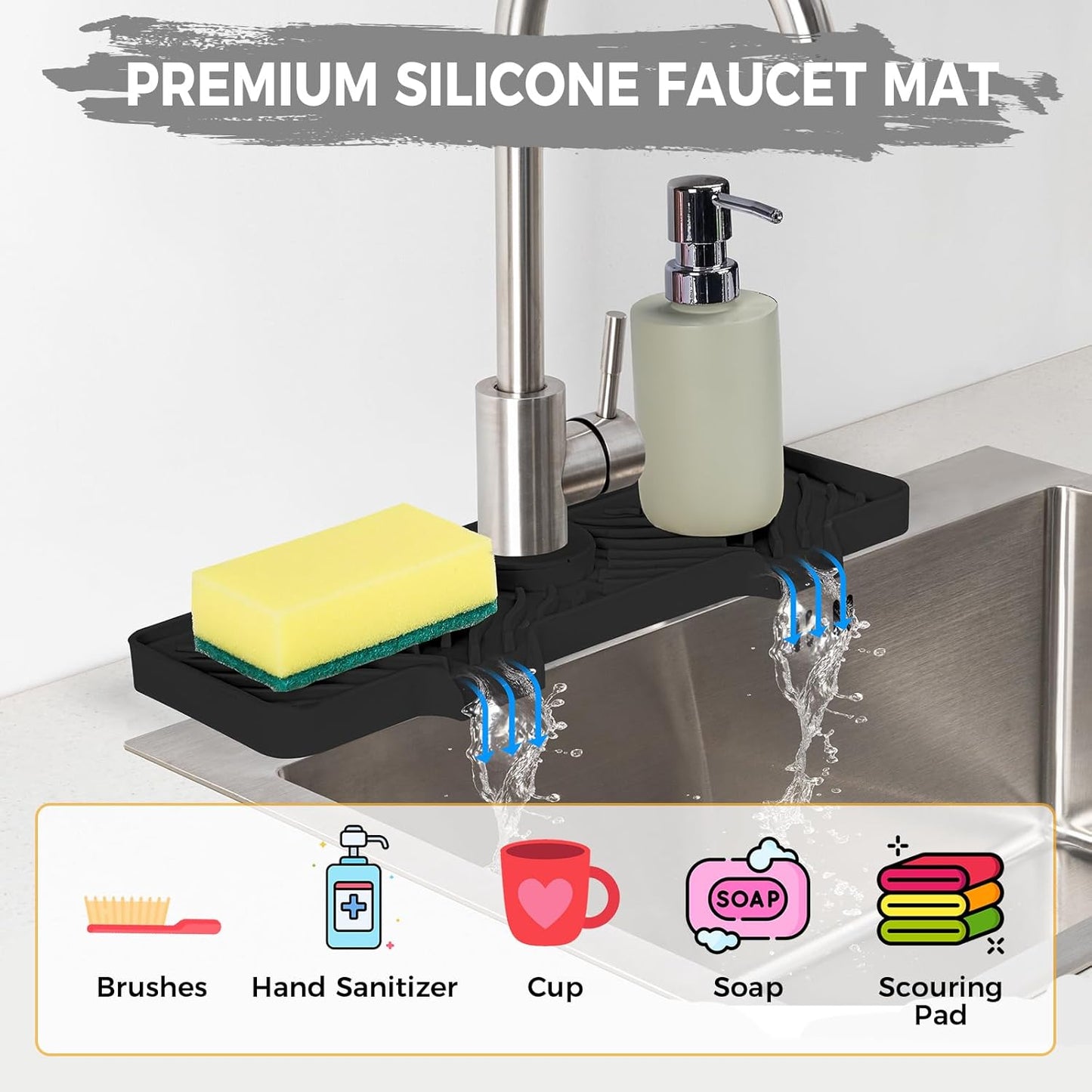 Silicone Faucet Splash Guard - 5°Slope Kitchen Sink Splash Guard, 14.6x5.2x0.8 Inch Faucet Mat for Kitchen Sink with 5 Sizes of Rubber Rings, Silicone Sink Mat for Kitchen Bathroom(Black)