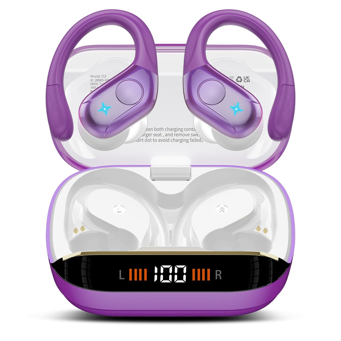 Wireless Earbuds Bluetooth 5.4 Headphones 75H Stereo Deep Bass Sports Over Ear Buds with Earhooks, LED Display Bluetooth Earbuds with 4 ENC Mic, IP7 Waterproof Earphone for Running, Black
