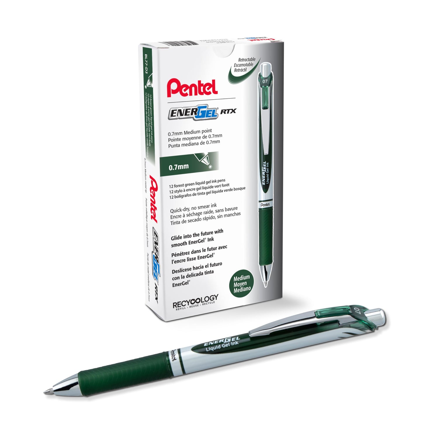 Pentel EnerGel Retractable Liquid Gel Pens, Medium Point, 0.7 mm, Silver Barrel, 12 Black Ink pens, the Ultimate writing pens, the Best Writing Pens for office, school and journaling, Pack of 12
