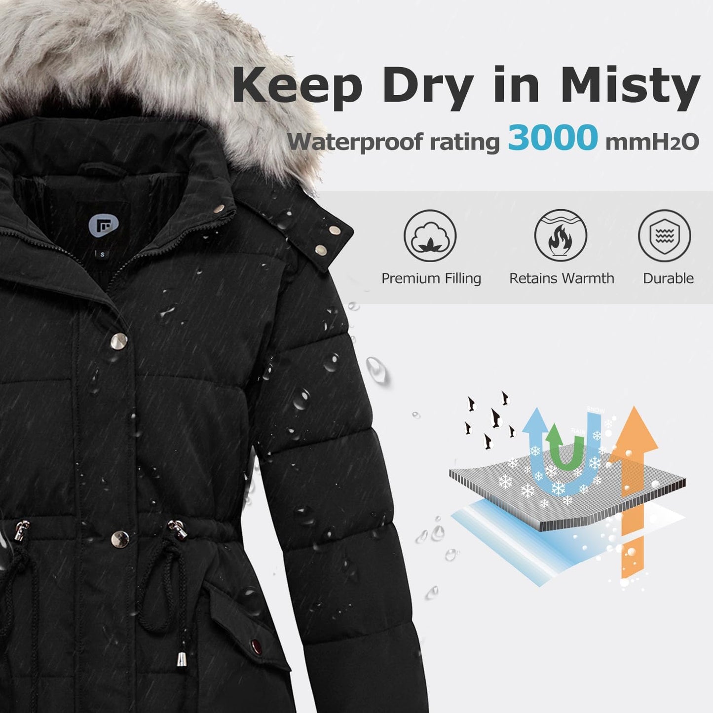Women's Winter Hooded Coat Waterproof Down Long Jacket Warm Parka Thicken Puffer Coat with Removable Fur Hood
