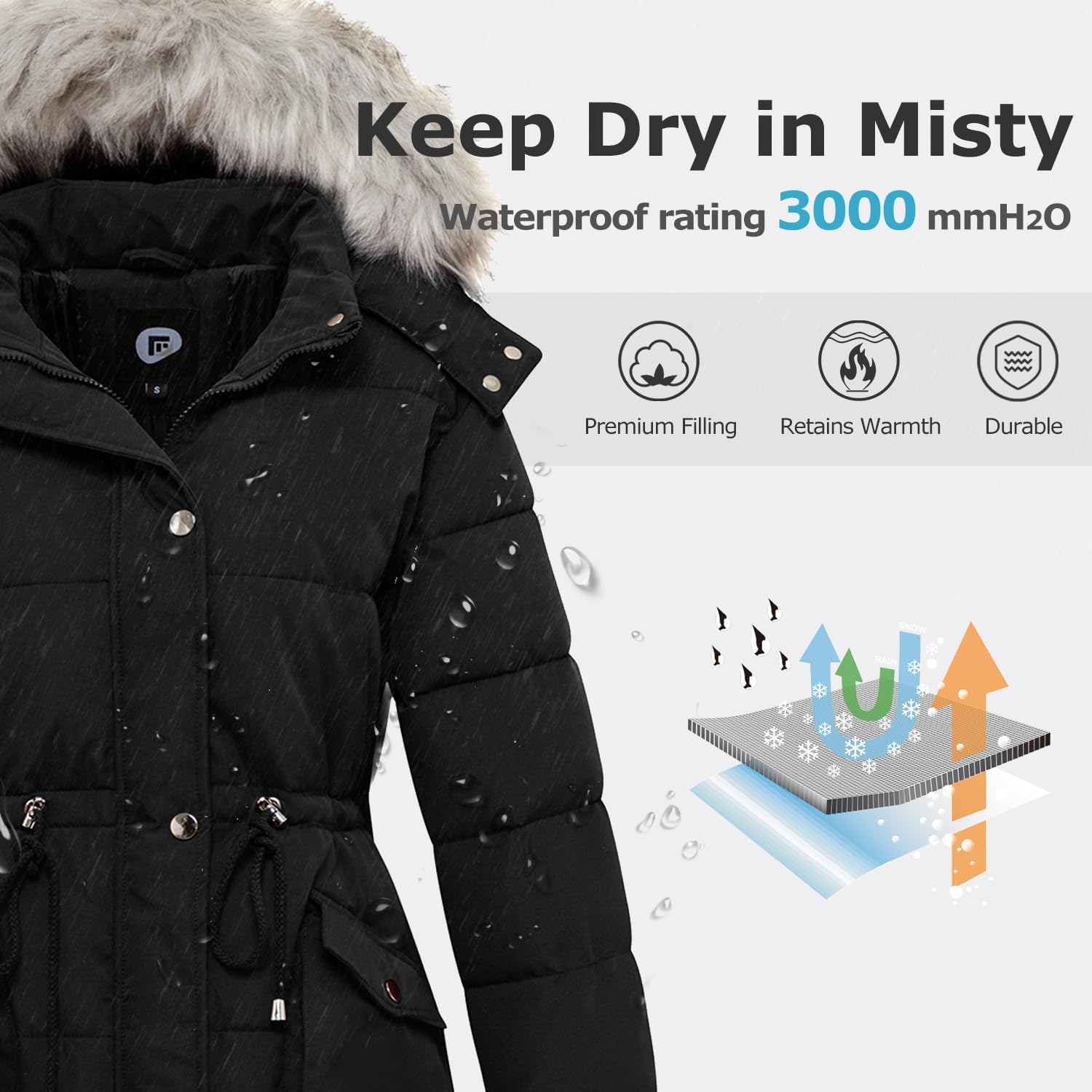 Women's Winter Hooded Coat Waterproof Down Long Jacket Warm Parka Thicken Puffer Coat with Removable Fur Hood