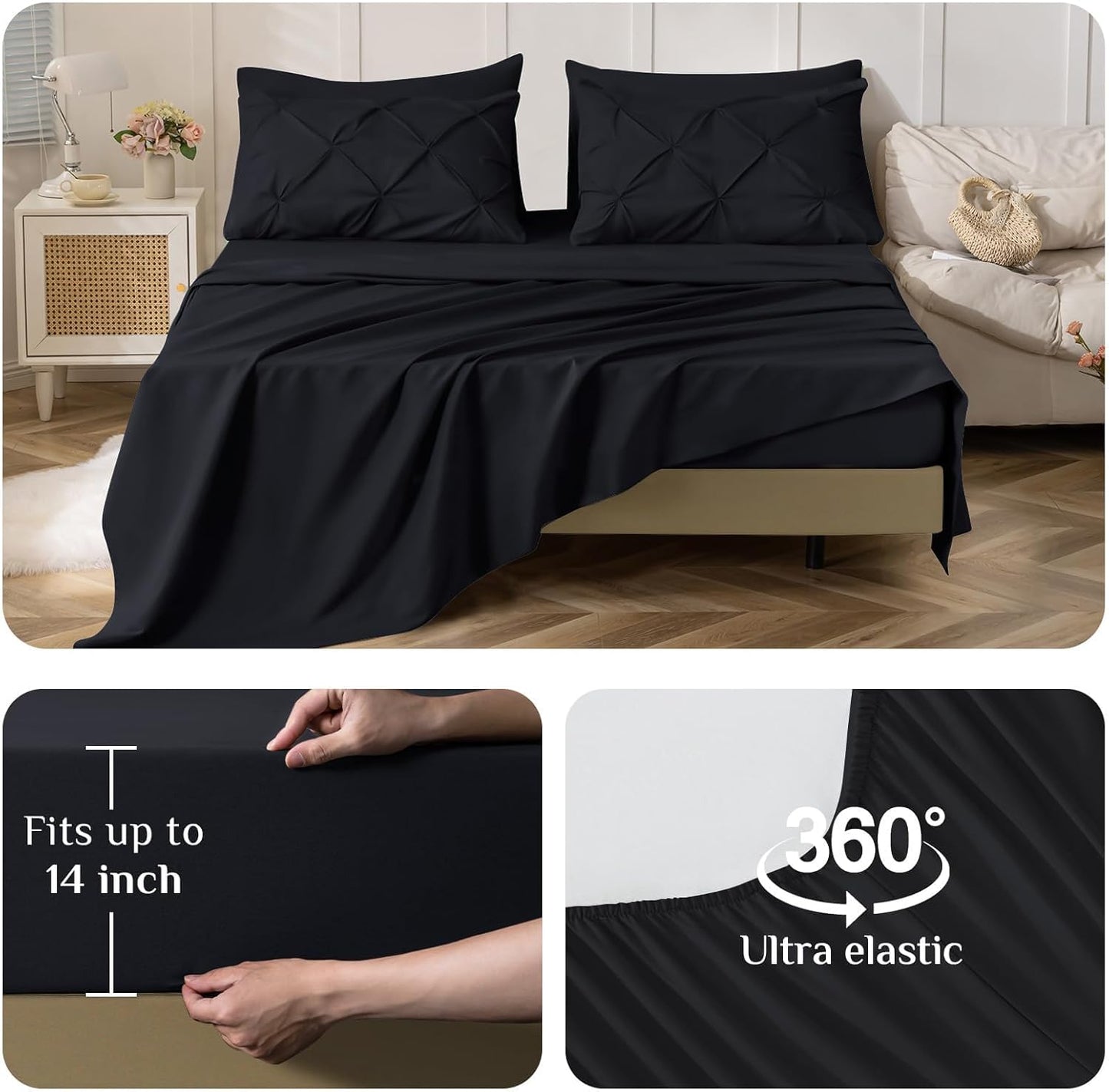 JOLLYVOGUE Queen Comforter Set 7 Pieces - Bed in a Bag Queen for All Season, Pintuck Bedding Comforter Sets with Comforter, Flat Sheet, Fitted Sheet and Pillowcases & Shams, Black