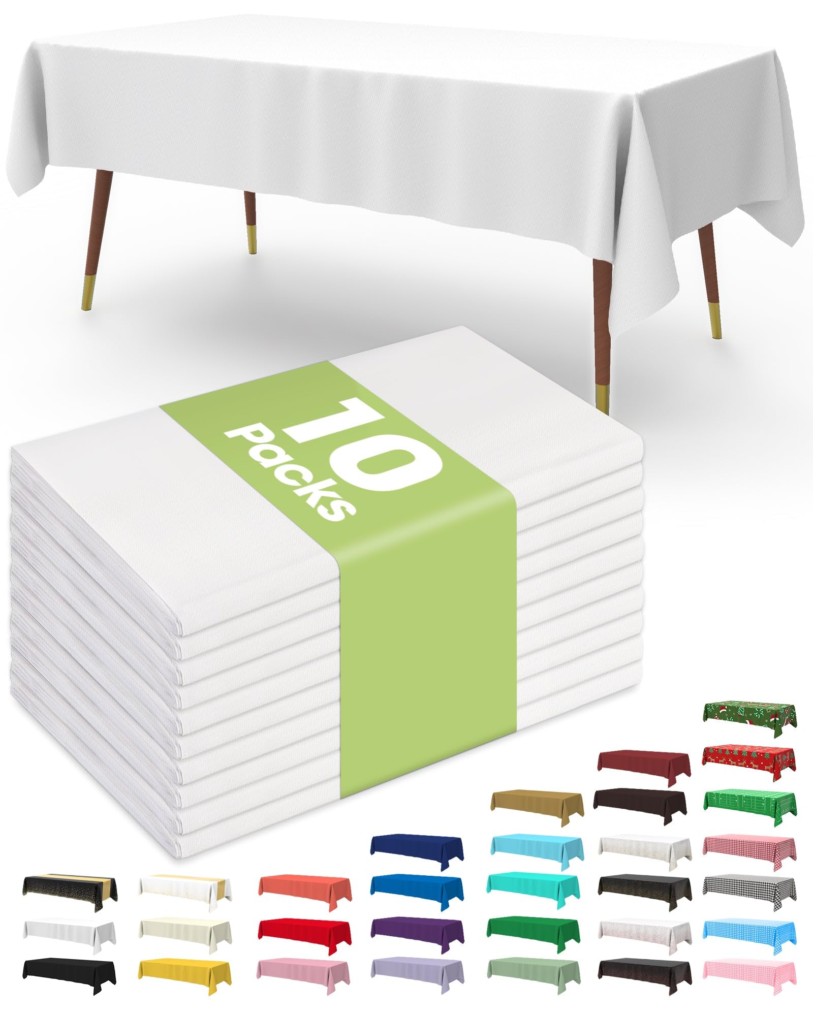 Pureegg Plastic Table Cloth Disposable 10 Pack, 54 x 108 Inch Table Cloths, Party, Picnic, Wedding, Decorative Tablecloths, Rectangle, White Plastic Cover, Leakproof & Sturdy, White