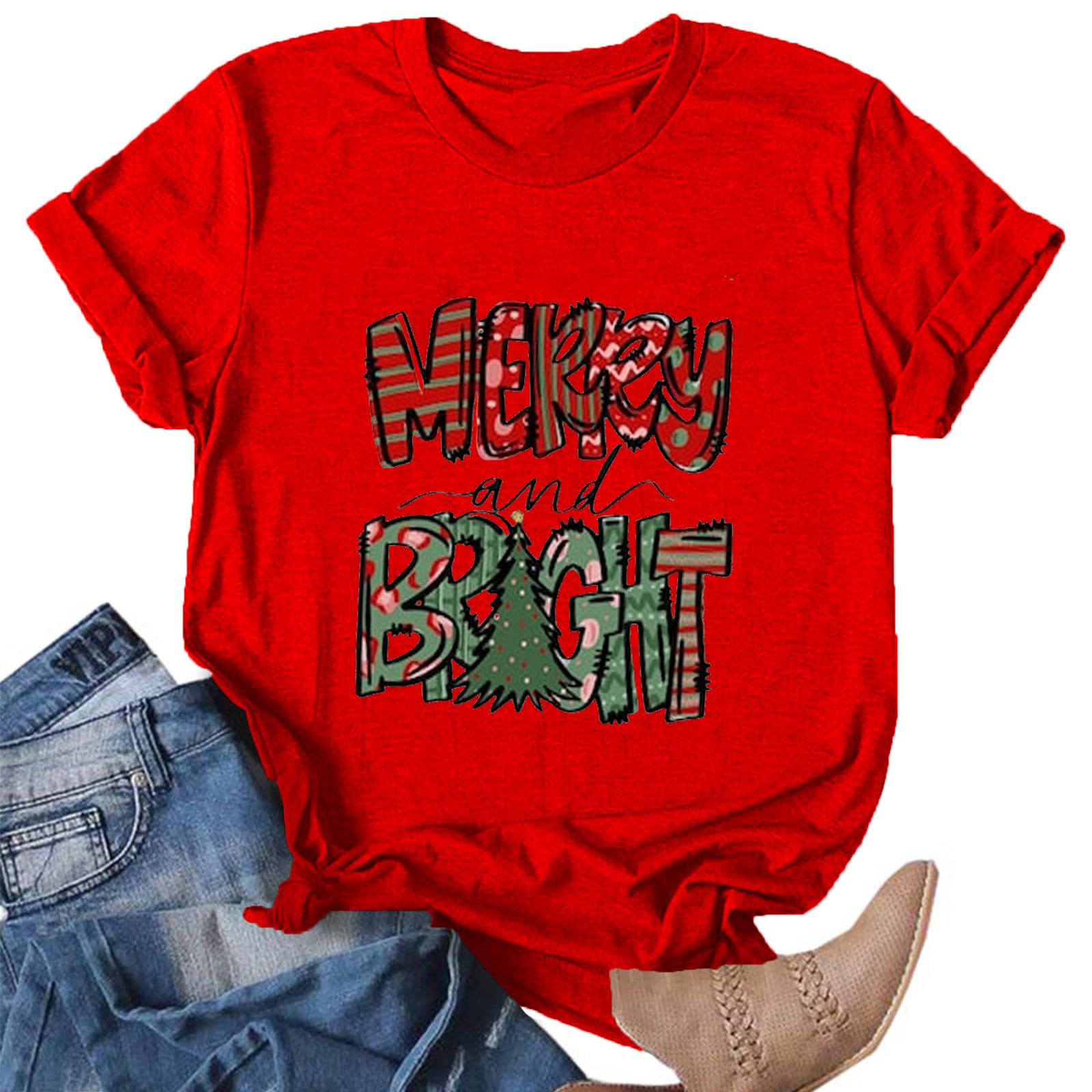Christmas Shirts for Women:Merry Christmas T-Shirt Xmas Tree Casual Short Sleeve Tee Tops