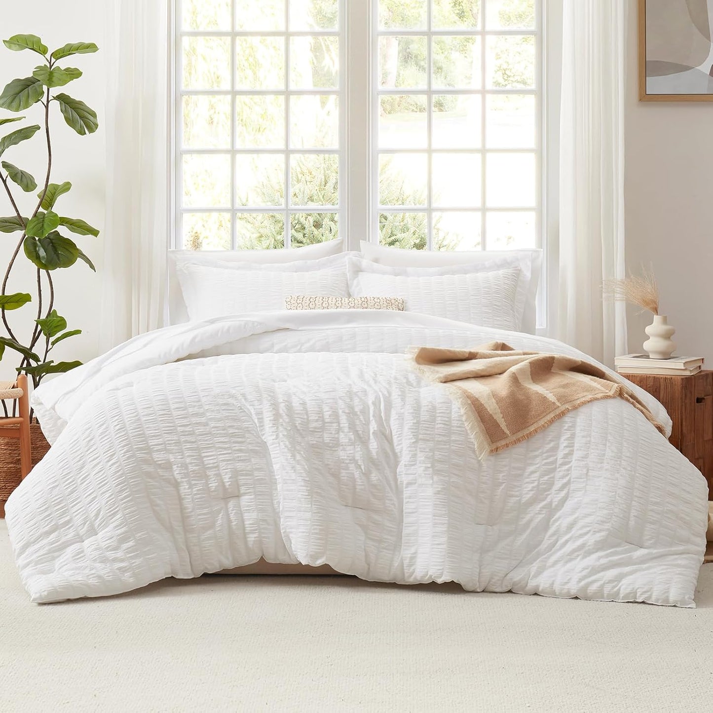 CozyLux Queen Comforter Set White Seersucker 7 Pieces Bed in a Bag Queen Comforter Set with Sheets, Luxury Soft Bedding Set with Down Alternative Comforter, Sheets, Pillowcases & Shams for All Seasons