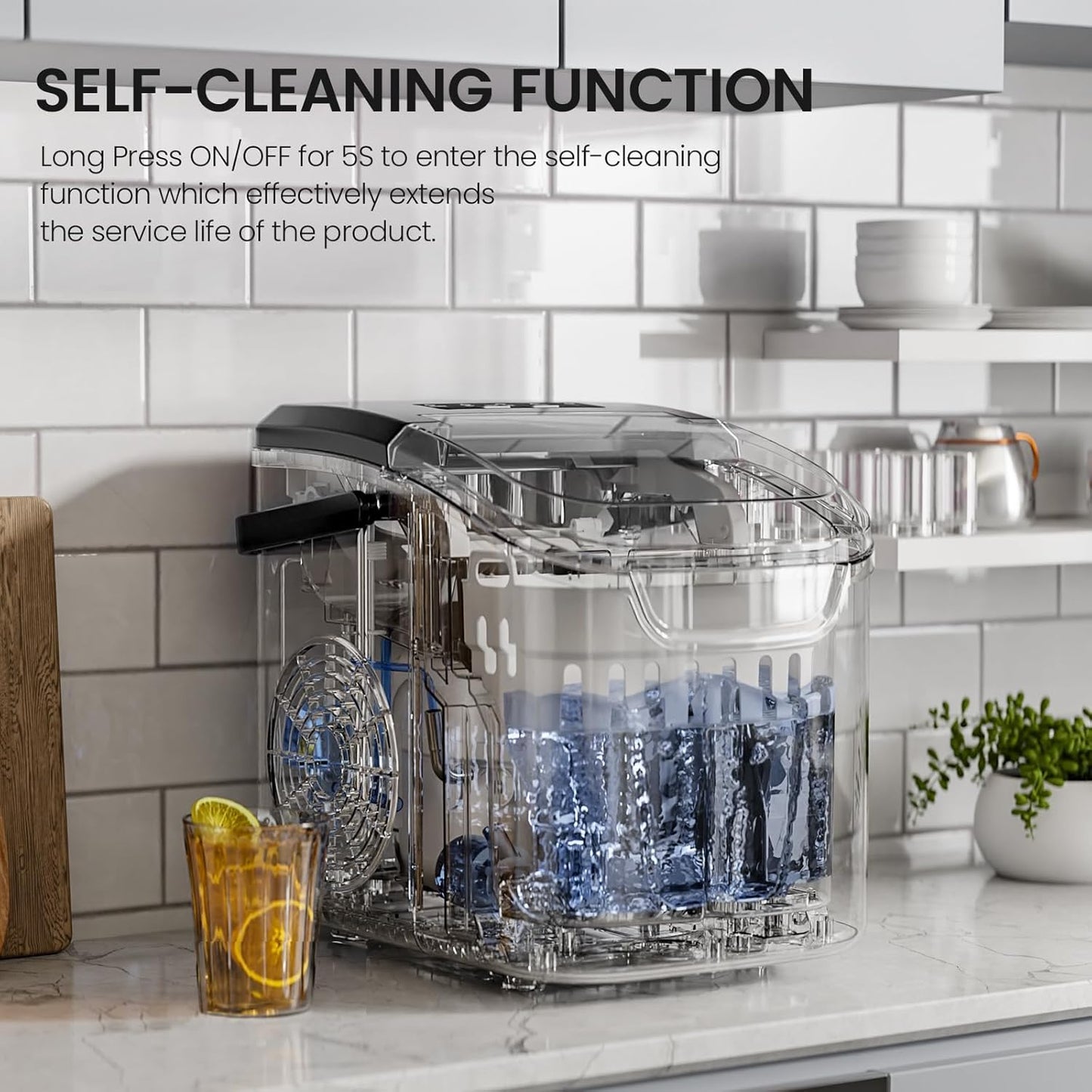 Kismile Ice Makers Countertop with Carry Handle,8 Cubes in 6 Mins,26Lbs/Day,2 Size of Bullet Ice,Portable Ice Maker Machine with Self-Cleaning for Home/Office(Black)