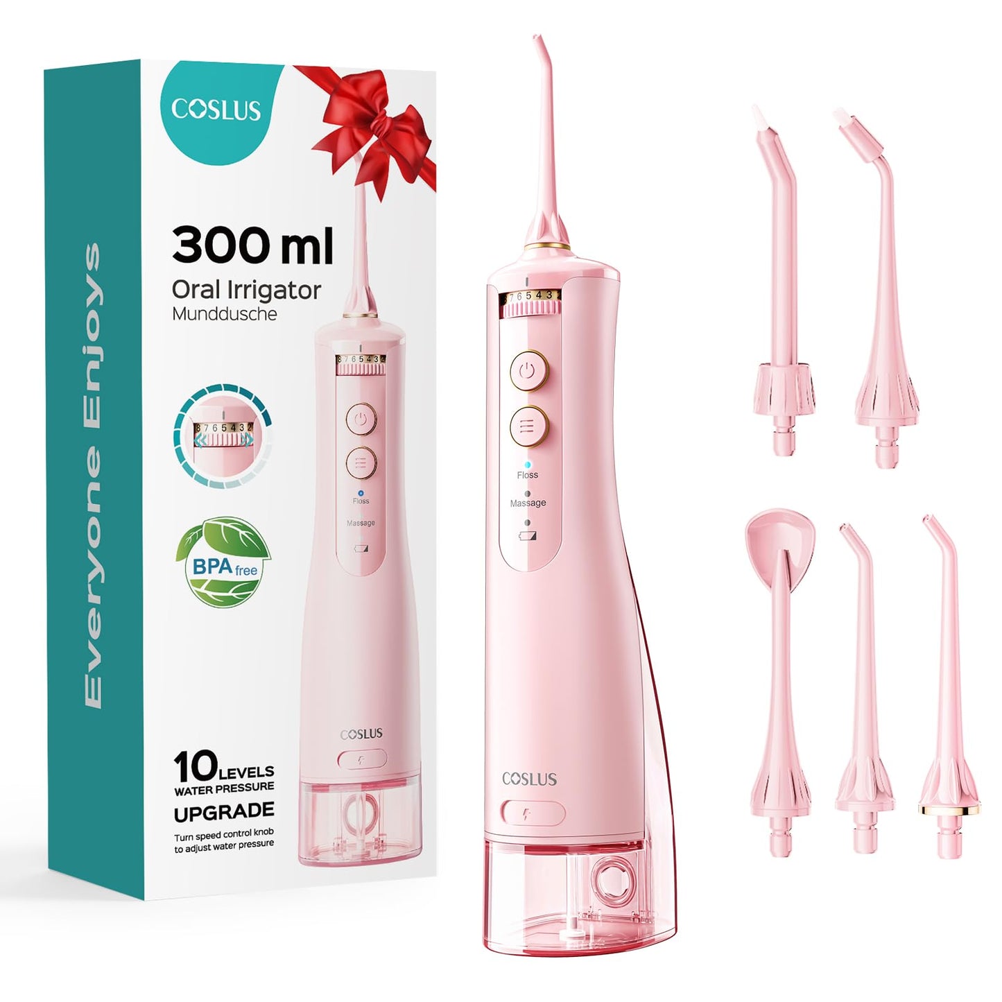 COSLUS Cordless Water Flosser & Dental Pick for Teeth, Braces, Gums Care - Advanced 10 Pressure Settings for Multiple Users, Rechargeable, Portable for Travel, BPA-Free, Black, E40(WFP14)