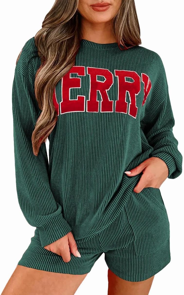 Womens Ribbed Pajama Sets Long Sleeve Top and Shorts Matching Lounge Set Loungewear Sweatsuit with Pockets