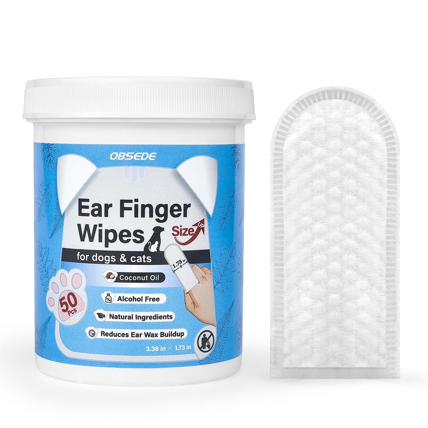 OBSEDE Ear Cleaner Finger Wipes, Grooming Kit Care for Dogs and Cats Regular Soothing Odor Control Reduce Dirt Wax Build Up Pet Supplies Easy to Use Fresh Coconut Scent, 60 Count