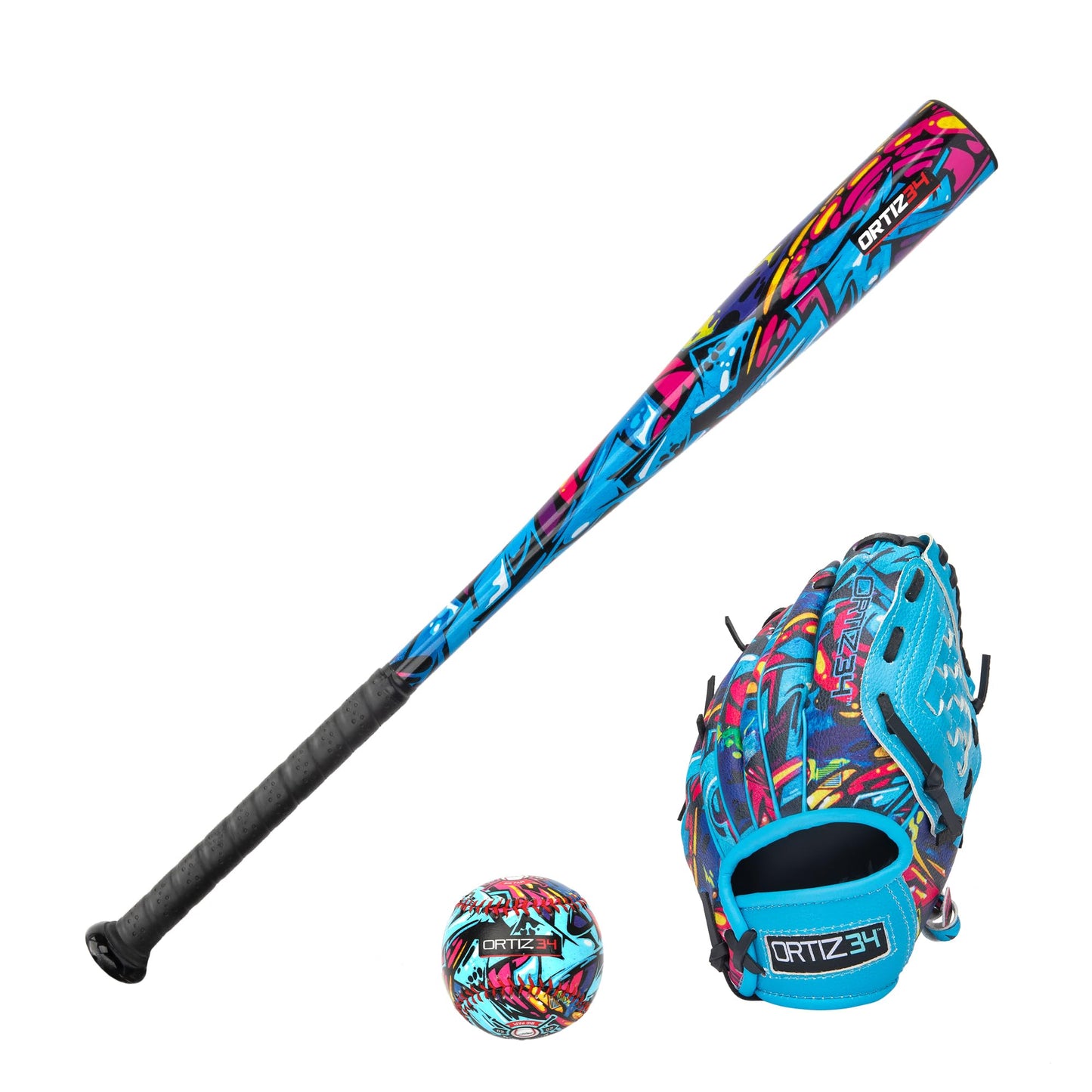 Youth T-Ball Set, 25” Signature Aluminum T-Ball Bat with -10 Drop, Foam Core T-Ball, 9” Lightweight Youth Glove, Vibrant Graffiti Print