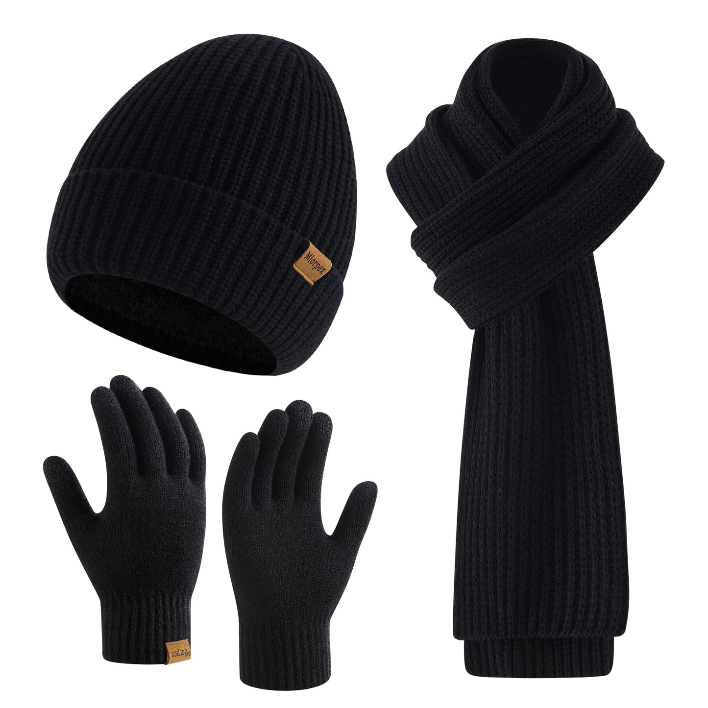 Mens Winter Beanie Hat Touchscreen Gloves Long Scarf 3 Set with Warm Fleece Lined Knit Cap Scarves for Men Women