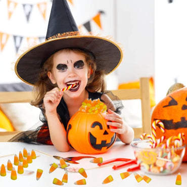 50 Pcs Candy Corn Decor Halloween Table Decorations Fake Resin Candy Corn Halloween Miniature for Halloween Party Favors Gifts Goodie Bag Stuffers Fillers Dollhouse Party Decorations