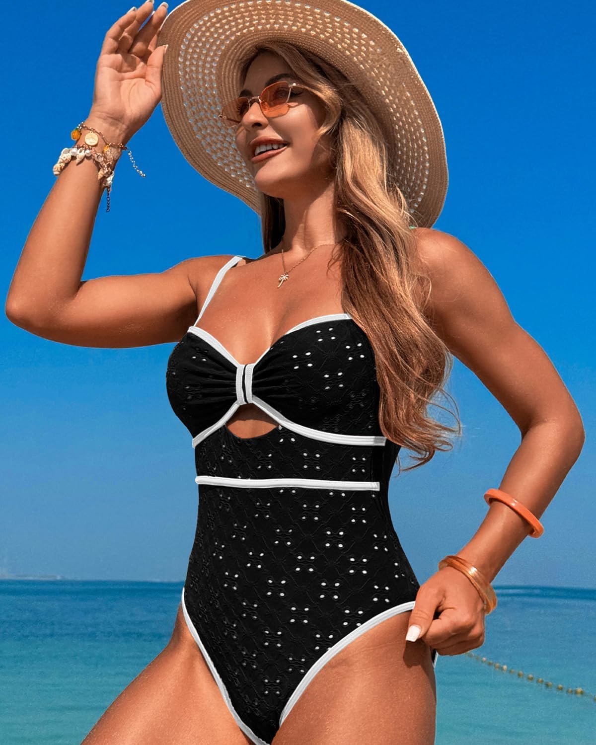 Limeeke Women's One Piece Swimsuits Sexy Cutout High Waisted Bathing Suit Color Block Swimwear