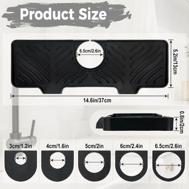 Silicone Faucet Splash Guard - 5°Slope Kitchen Sink Splash Guard, 14.6x5.2x0.8 Inch Faucet Mat for Kitchen Sink with 5 Sizes of Rubber Rings, Silicone Sink Mat for Kitchen Bathroom(Black)