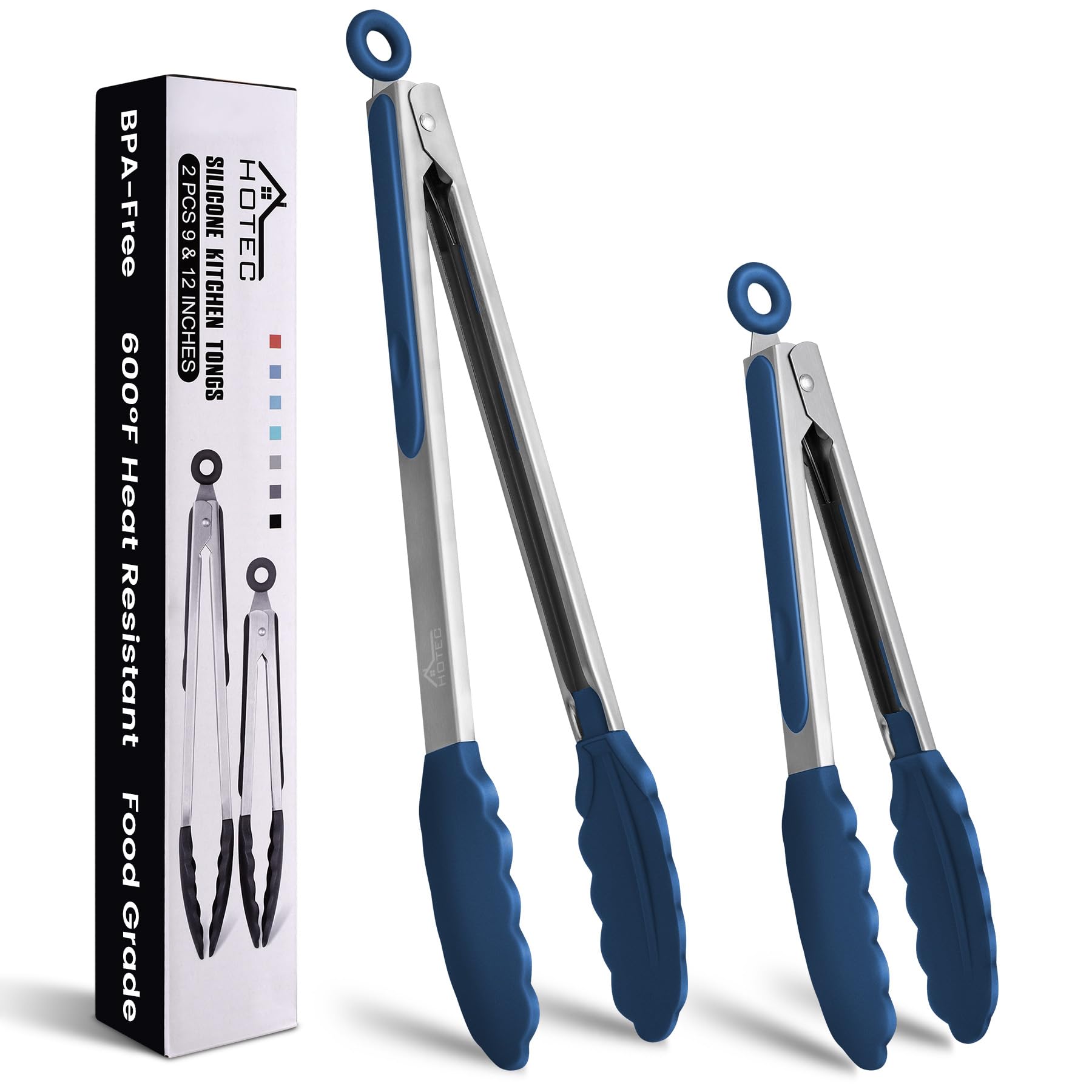 HOTEC Premium Stainless Steel Locking Kitchen Tongs with Silicon Tips, Set of 2-9" and 12"