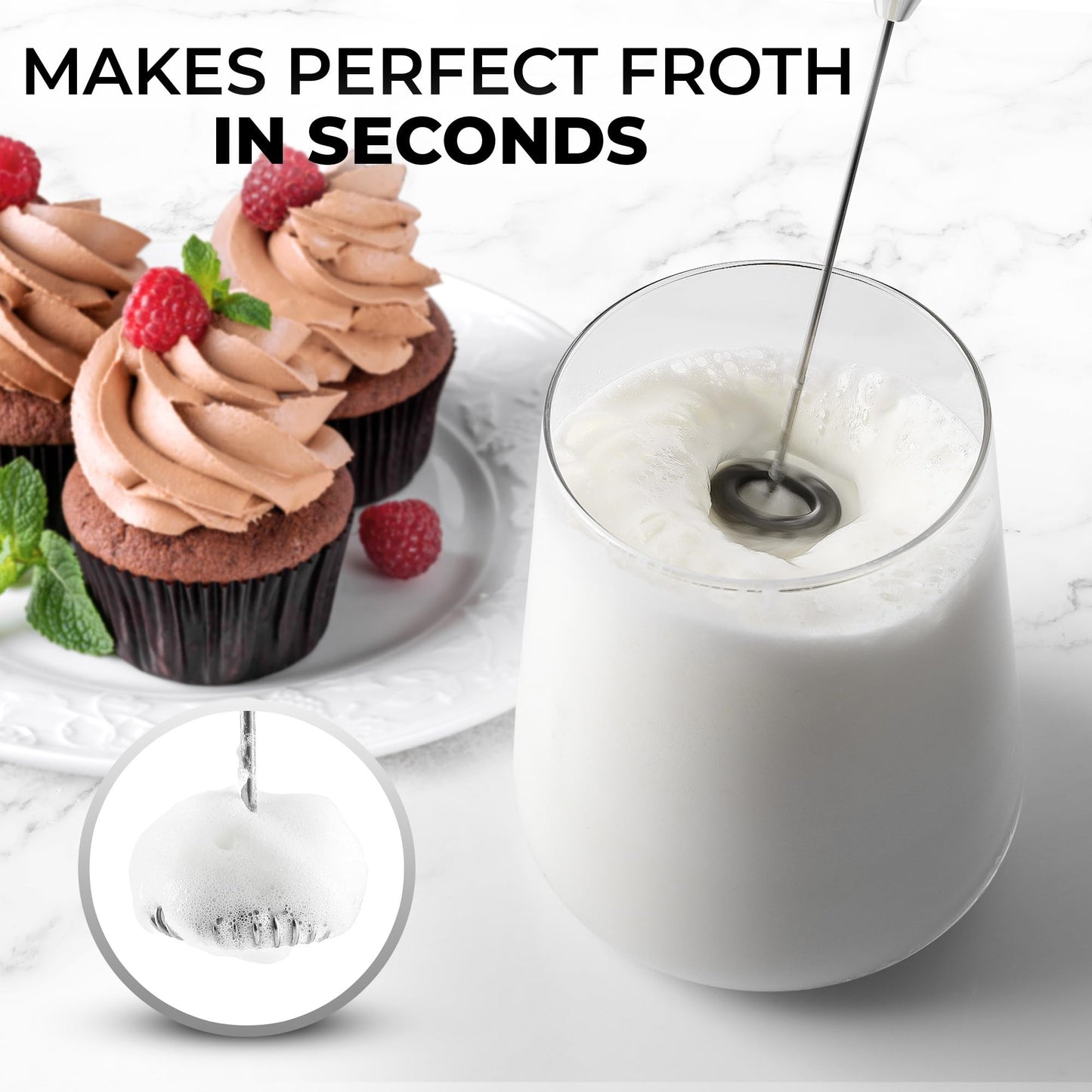 Zulay Kitchen Powerful Milk Frother Wand With 2 Duracell Batteries - Ultra Fast Handheld Drink Mixer - Electric Whisk Foam Maker for Coffee, Lattes, Cappuccino, Matcha, Hot Chocolate & Creamer - Black