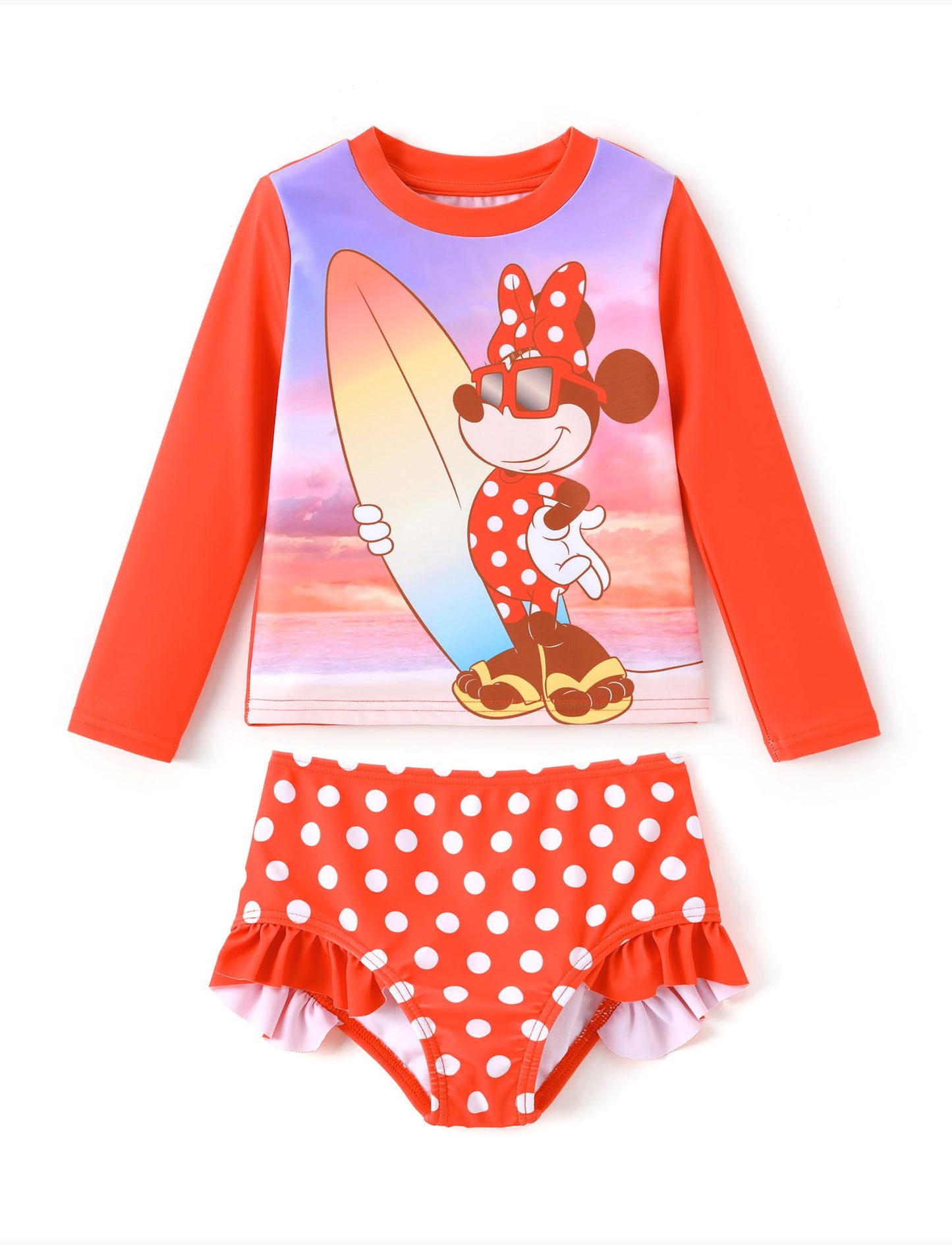 Disney Mickey and Friends Girl Two Piece Long Sleeve Swimsuit Rashguard Bathing Suit