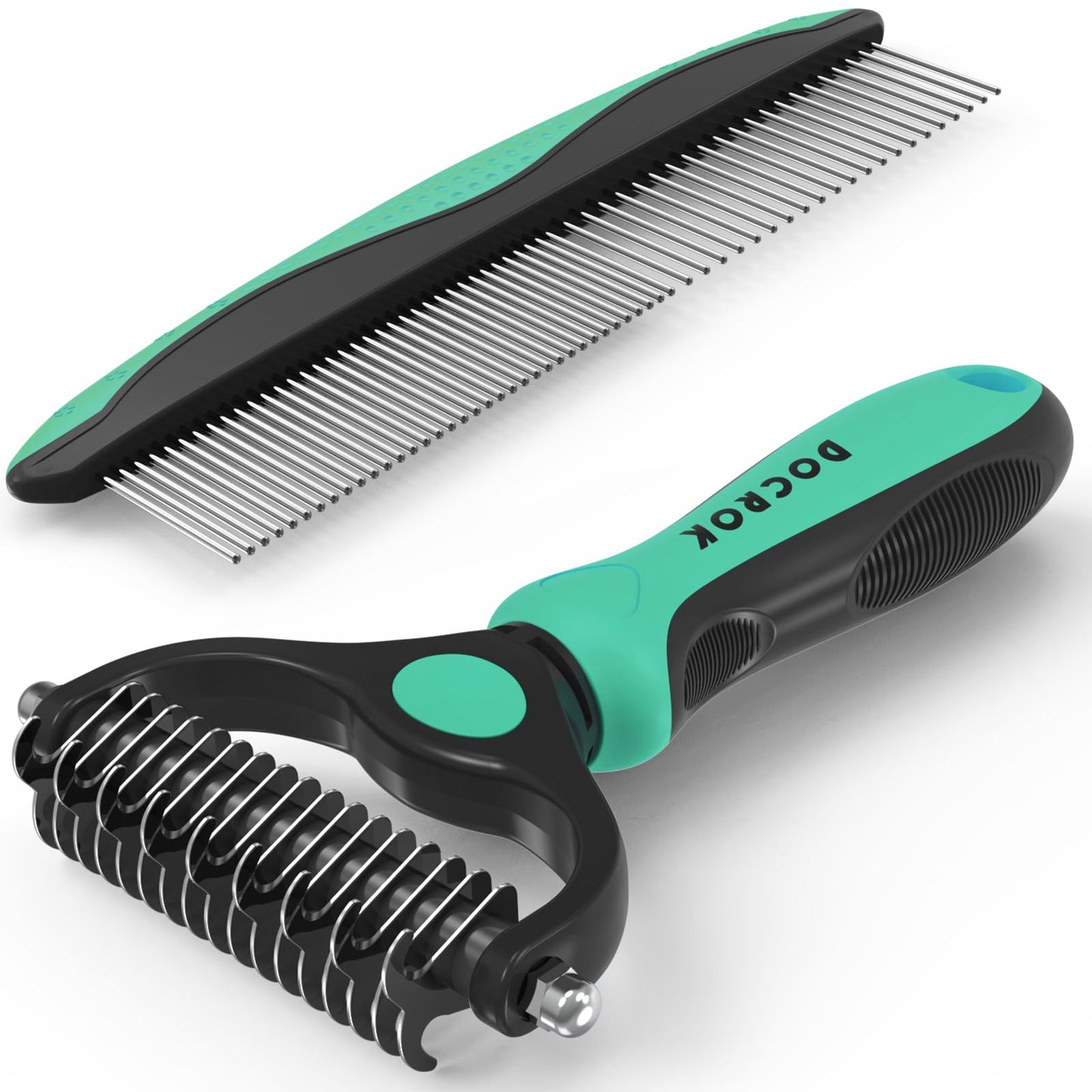 Pet Grooming Combo - Blue Deshedding Brush with Metal Comb for Detangling and Dematting Long, Matted Fur on Cats and Dogs