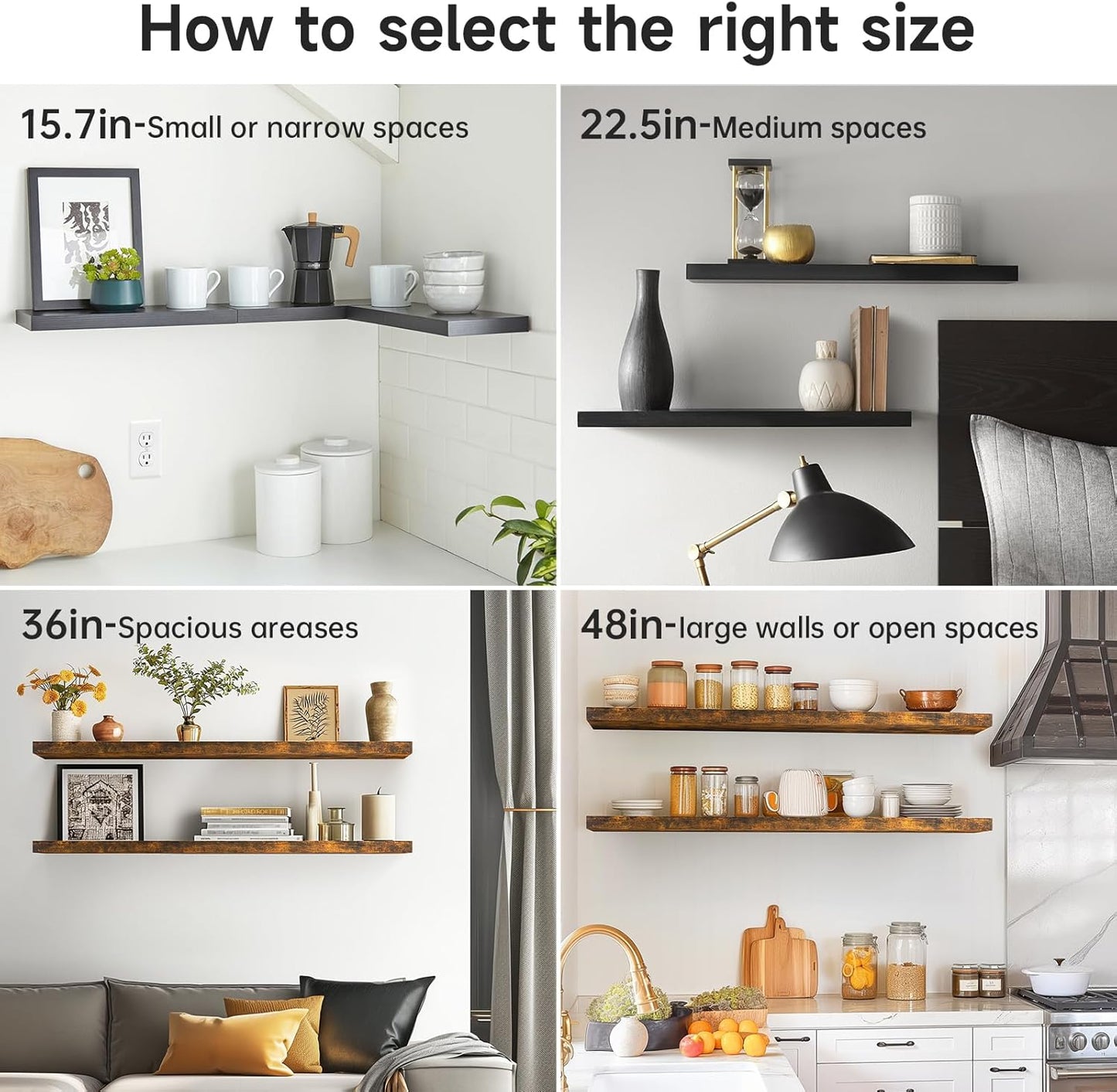 BAYKA Floating Shelves for Wall, Wall Mounted Rustic Wood Shelves for Bathroom, Bedroom, Living Room, Kitchen, Hanging Shelf for Books/Storage/Room Decor with 22lbs Capacity (Black, Set of 3, 15.7in)