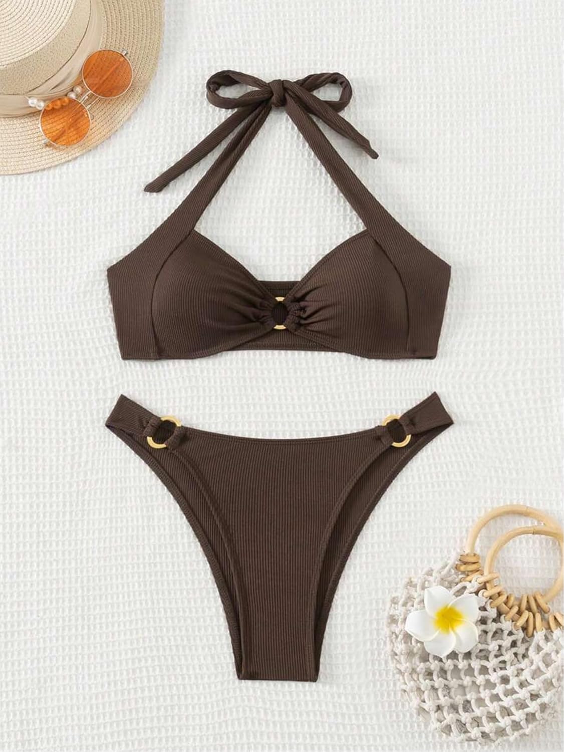 Limeeke Women's Ribbed Bikini Sets O Ring Linked Halter Neck Two Piece Swimsuit Cheeky Swim Bathing Suit