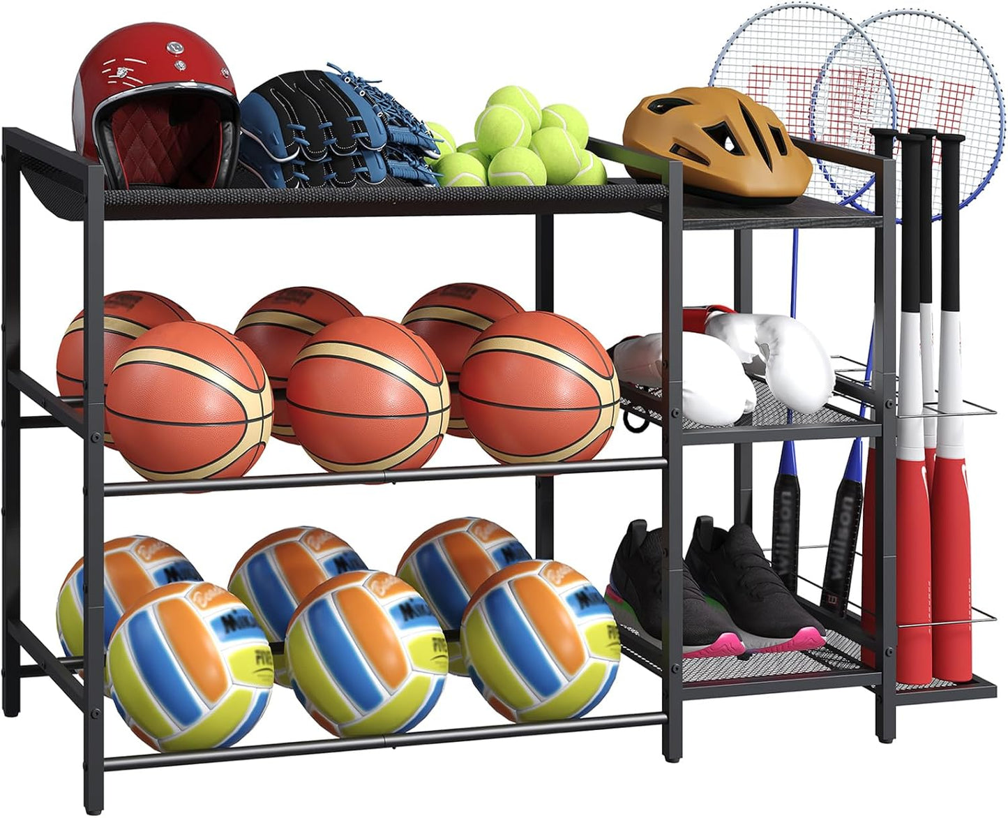 MHANCRIS Sports Equipment Organizer, Rolling Ball Storage Rack with Wheels, Basketball Racks with Baseball Bat Holder, for Volleyball, Football and Basketball, Garage Organizer, Black BEHR17301