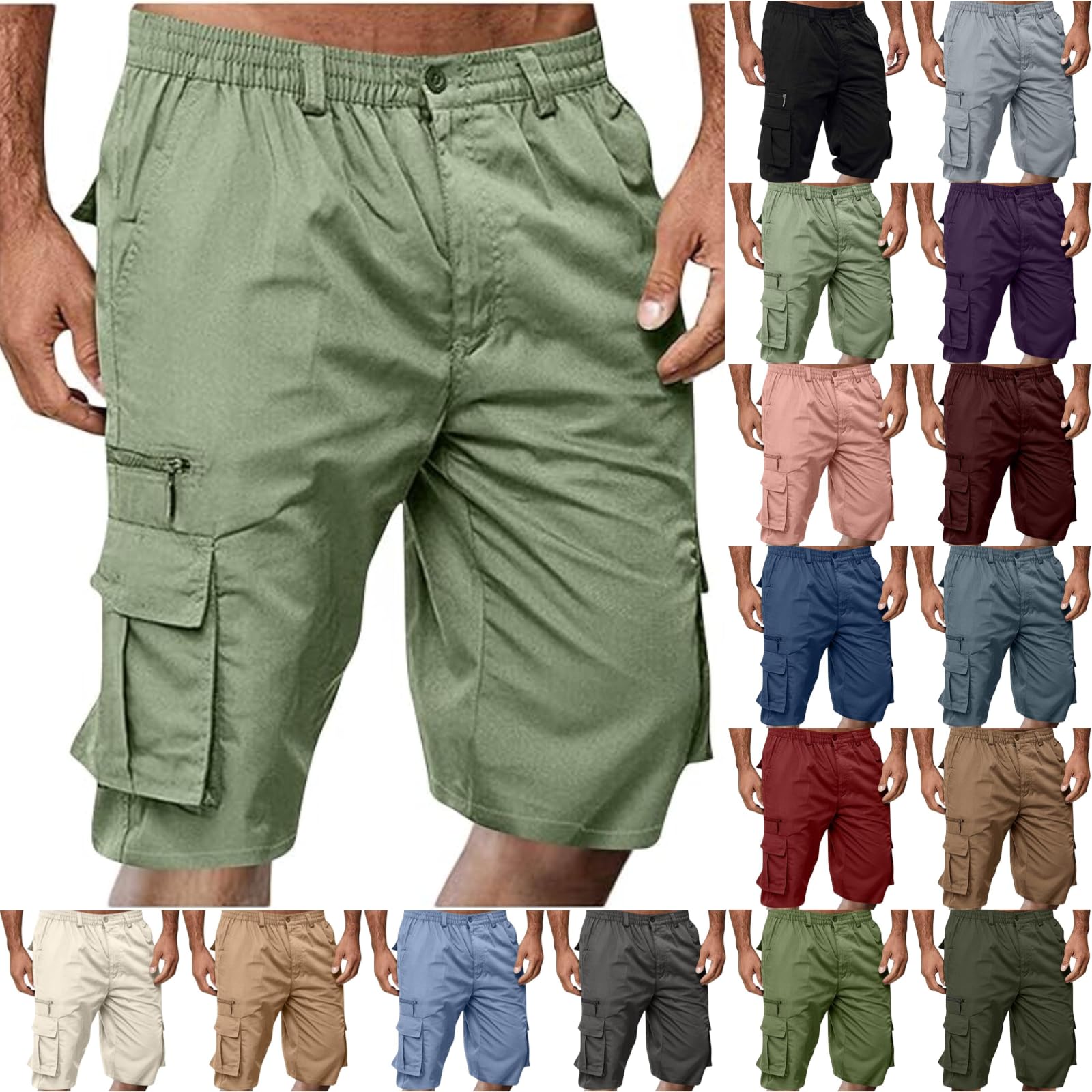 Cargo Shorts for Men Casual Summer Hiking Pants Elastic Waist Big and Tall Knee Length Multi-Pockets Bermuda Shorts