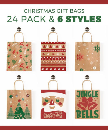24-Pack Christmas Gift Bags – 6 Assorted Xmas Designs, Small Christmas Goody Bags Bulk with Handles for Wrapping Gifts, Party Favors and Holiday Decor