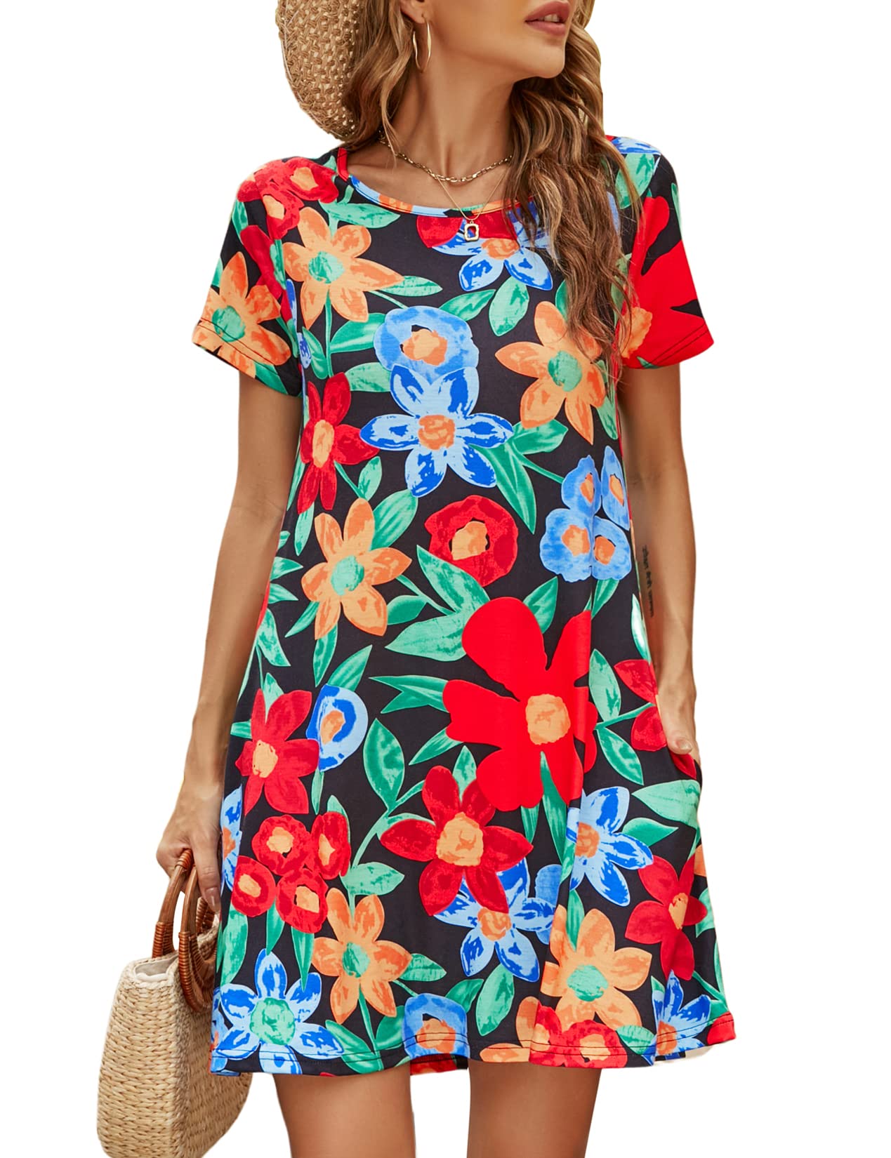 Halife Womens Summer Casual Tshirt Dress Loose Lace Hem Short Sleeve Beach Sundresses with Pockets