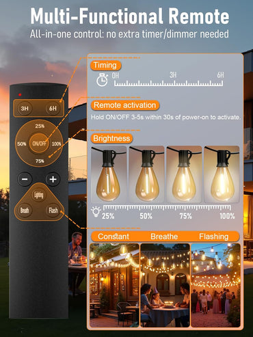 luckystyle 100FT LED Outdoor String Lights with Remote, 35+ 1 Shatterproof Bulbs Waterproof and Dimmable Patio Lights for Porch, Garden, Backyard, Deck, Balcony, 2700K Hanging Lighting