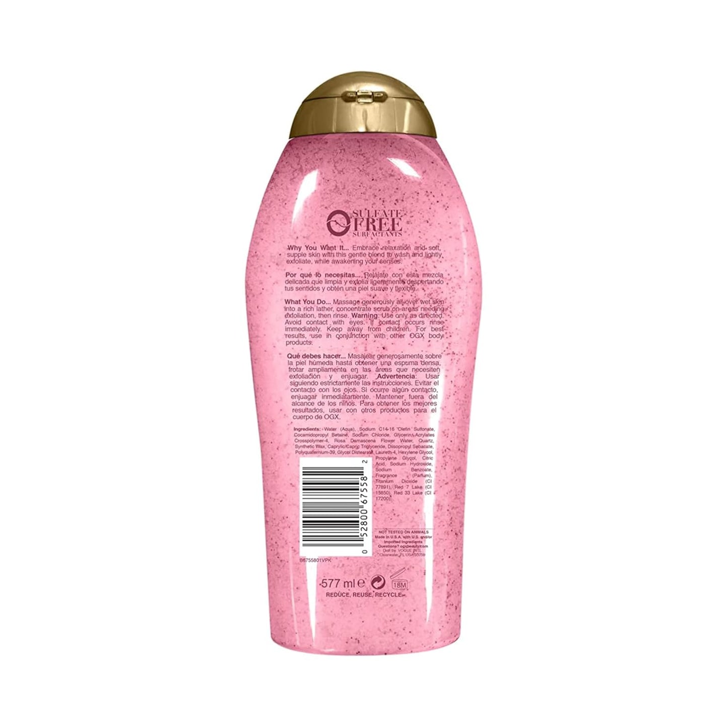 OGX Sensitive + Pink Sea Salt & Rosewater Sulfate-Free Soothing Body Scrub with Healing Rose Quartz, Gentle Exfoliating Daily Body Wash to Soften & Smooth Skin, 19.5 Fl Oz