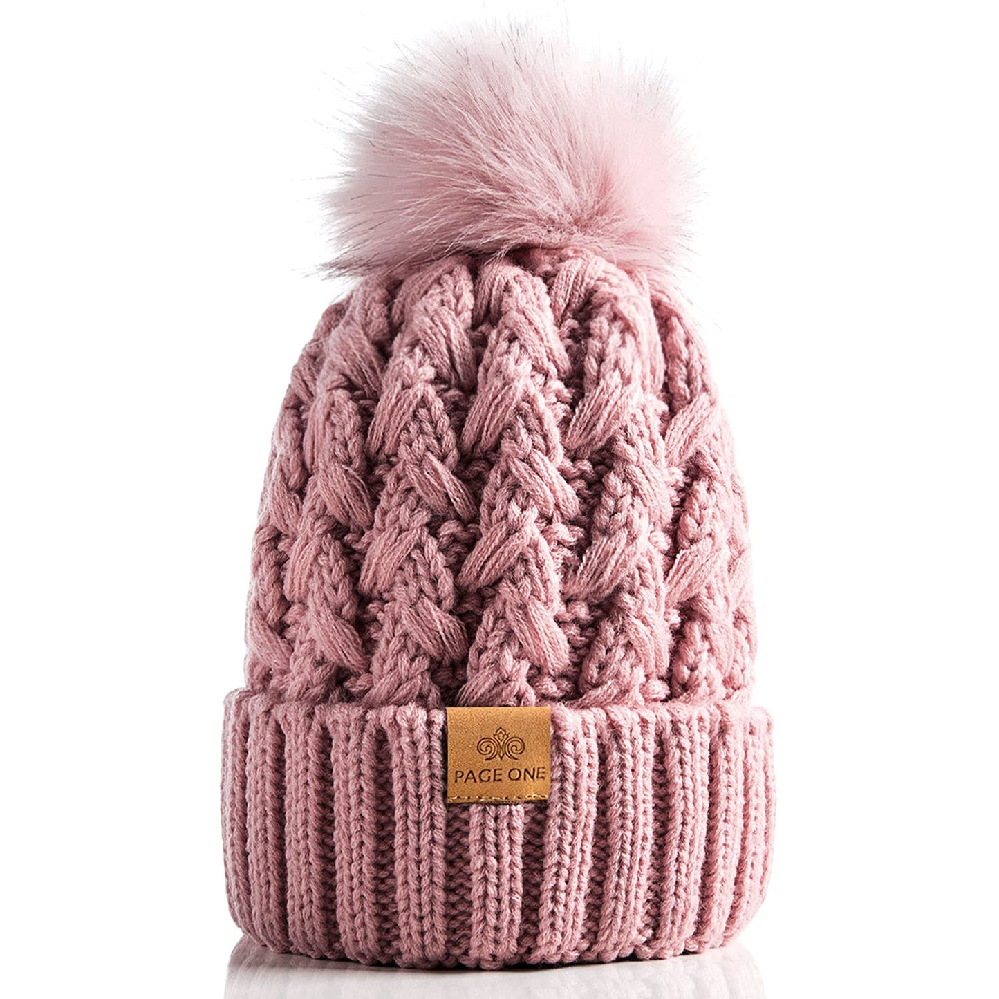 PAGE ONE Womens Winter Ribbed Beanie Crossed Cap Chunky Cable Knit Pompom Soft Warm Hat