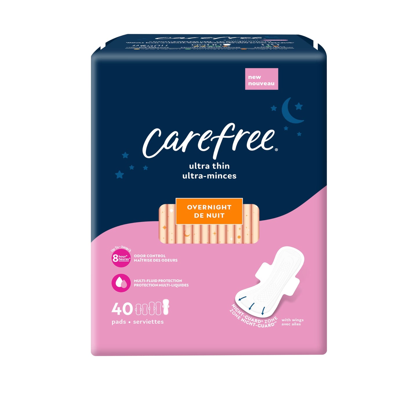 Carefree Ultra Thin Pads for Women, Overnight Pads With Wings, 120ct (3 Packs of 40ct) | Carefree Pads, Feminine Care, Period Pads & Postpartum Pads | 120ct (3 Packs of 40ct)