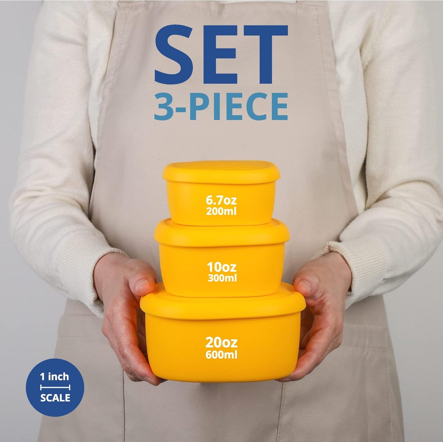 BLUE GINKGO Nesting Silicone Containers - Set of 3 Hard-Shell Silicone Food Storage Containers | BPA Free, Airtight, Dishwasher and Freezer Safe (6.7oz, 10oz, 20oz) - Yellow