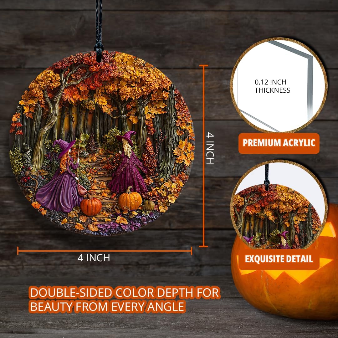 Halloween Stained Glass Window Ornament, Witch Scene with Pumpkins, Acrylic Hanging Suncatcher, Round Wall Art Decor, Witchy Ornament for Home Friends and Family (Two Girls)