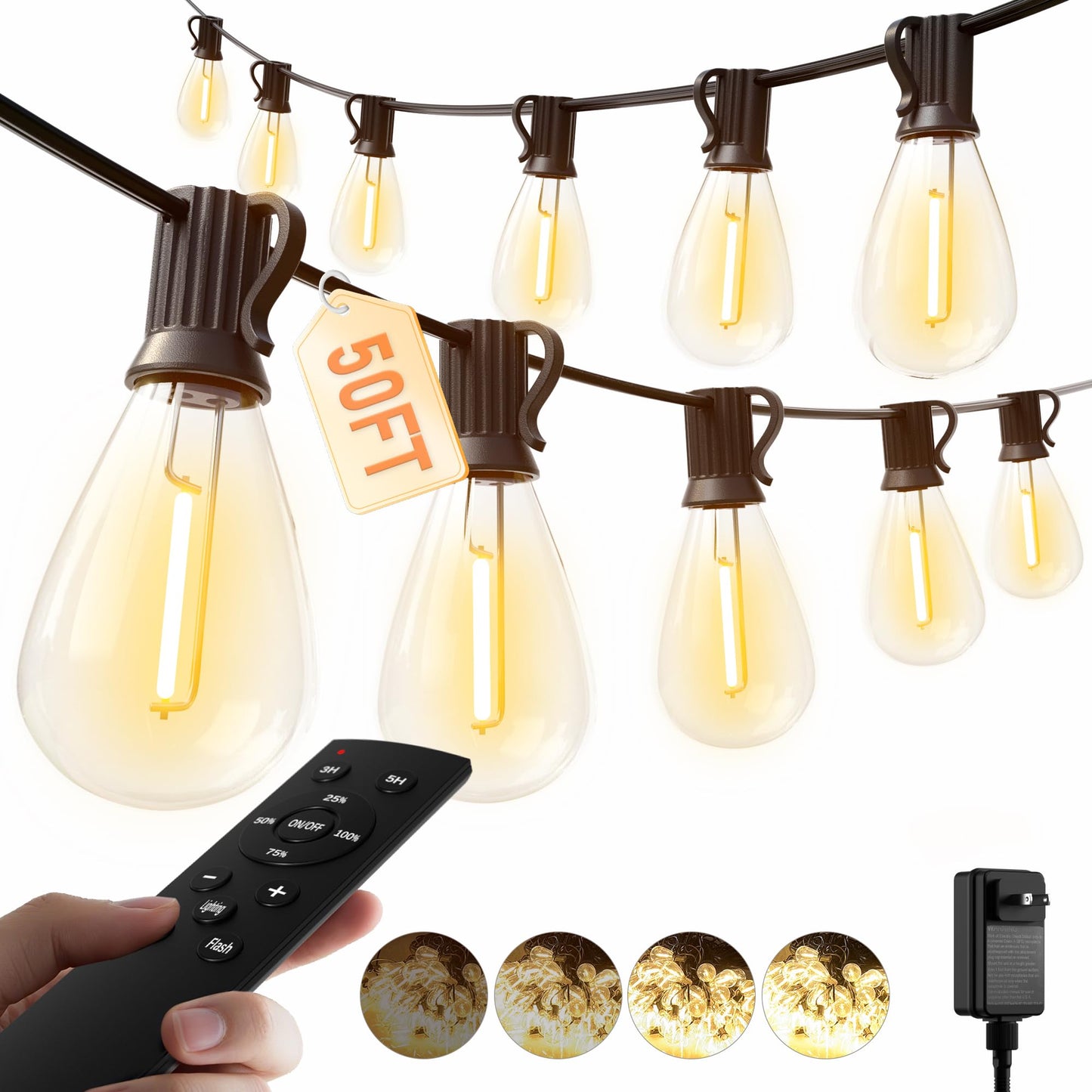luckystyle 100FT LED Outdoor String Lights with Remote, 35+ 1 Shatterproof Bulbs Waterproof and Dimmable Patio Lights for Porch, Garden, Backyard, Deck, Balcony, 2700K Hanging Lighting