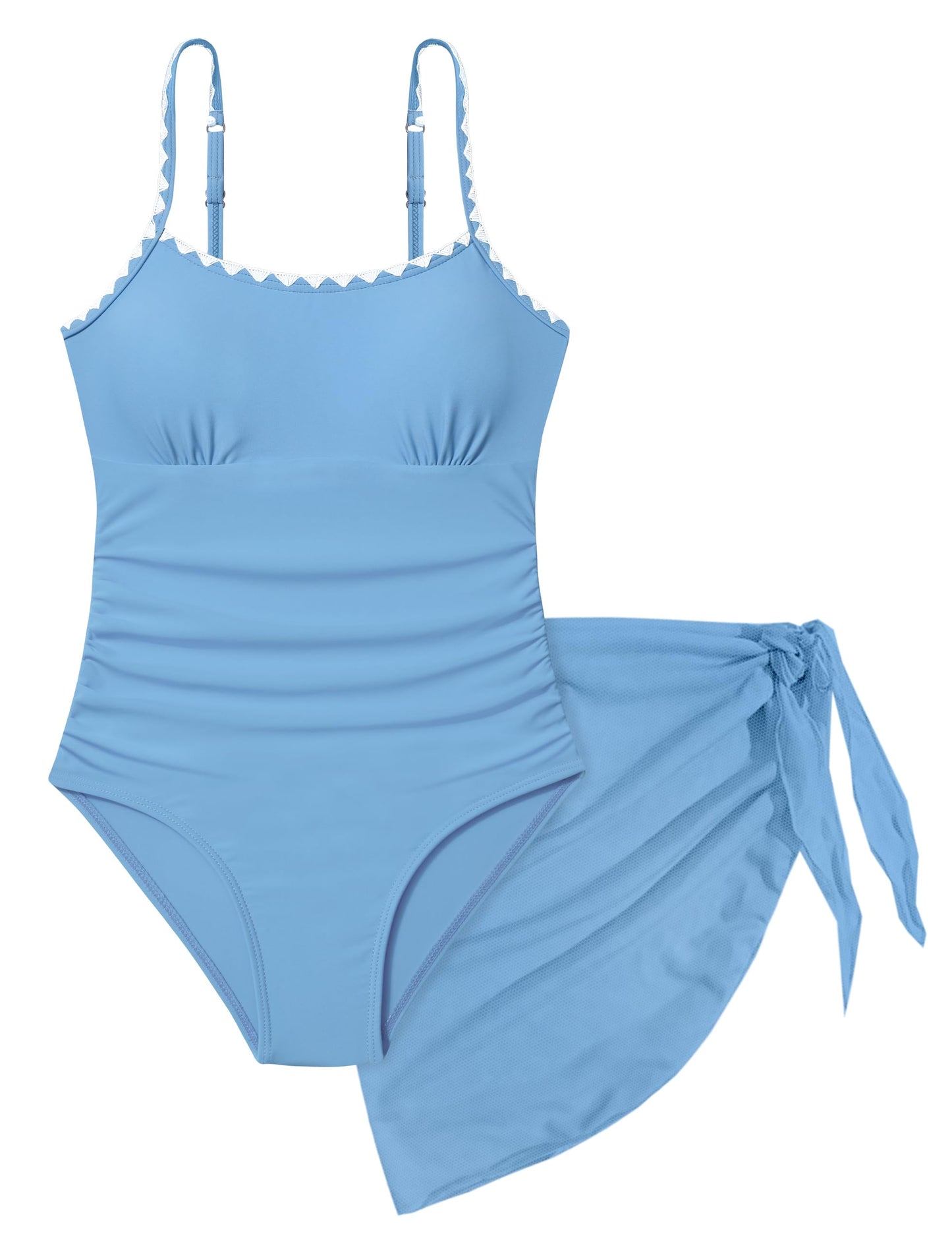 Girls Swimsuit, Adjustable Straps Cut Out One Piece Bathing Suit with Solid Color Cover Up Skirt Girls' Swimwear