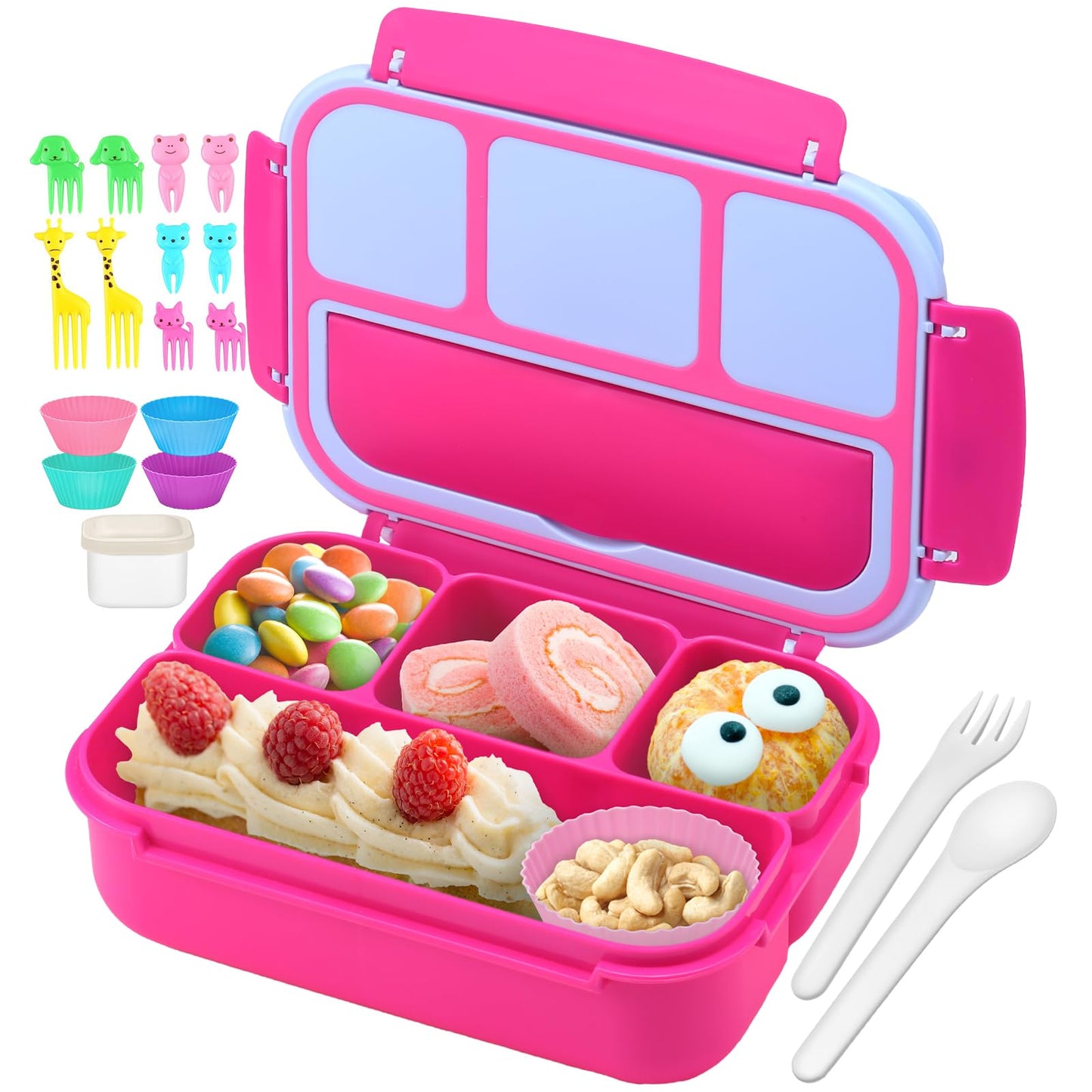 QQKO Bento Lunch Box for Kids Girls Boys, Toddler Kids Lunch Boxes for School, Lunch Containers for Adults with 4 Compartments, Sauce Container, Utensils, Food Picks and Muffin Cups, Purple