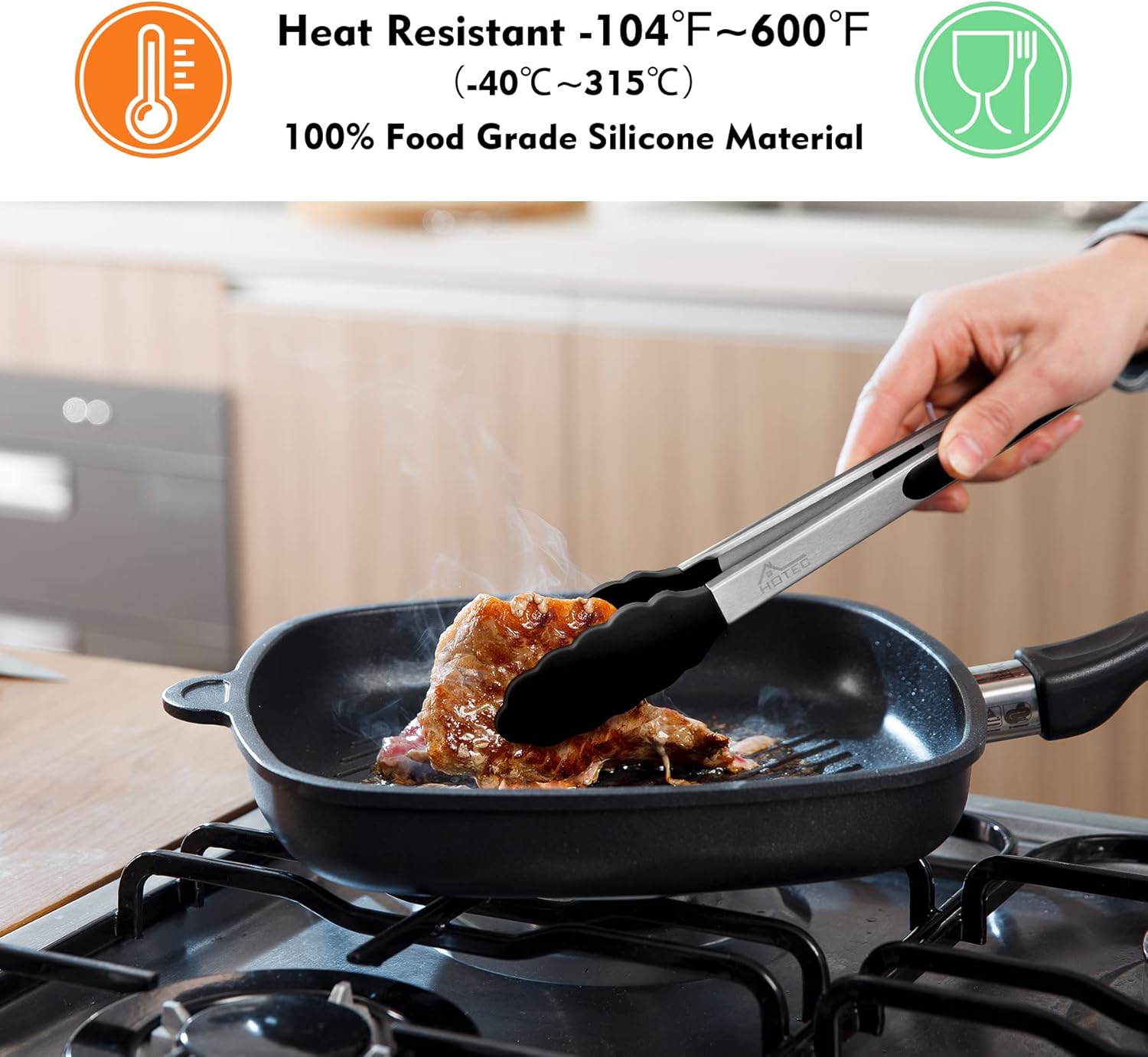 HOTEC Premium Stainless Steel Locking Kitchen Tongs with Silicon Tips, Set of 2-9" and 12"