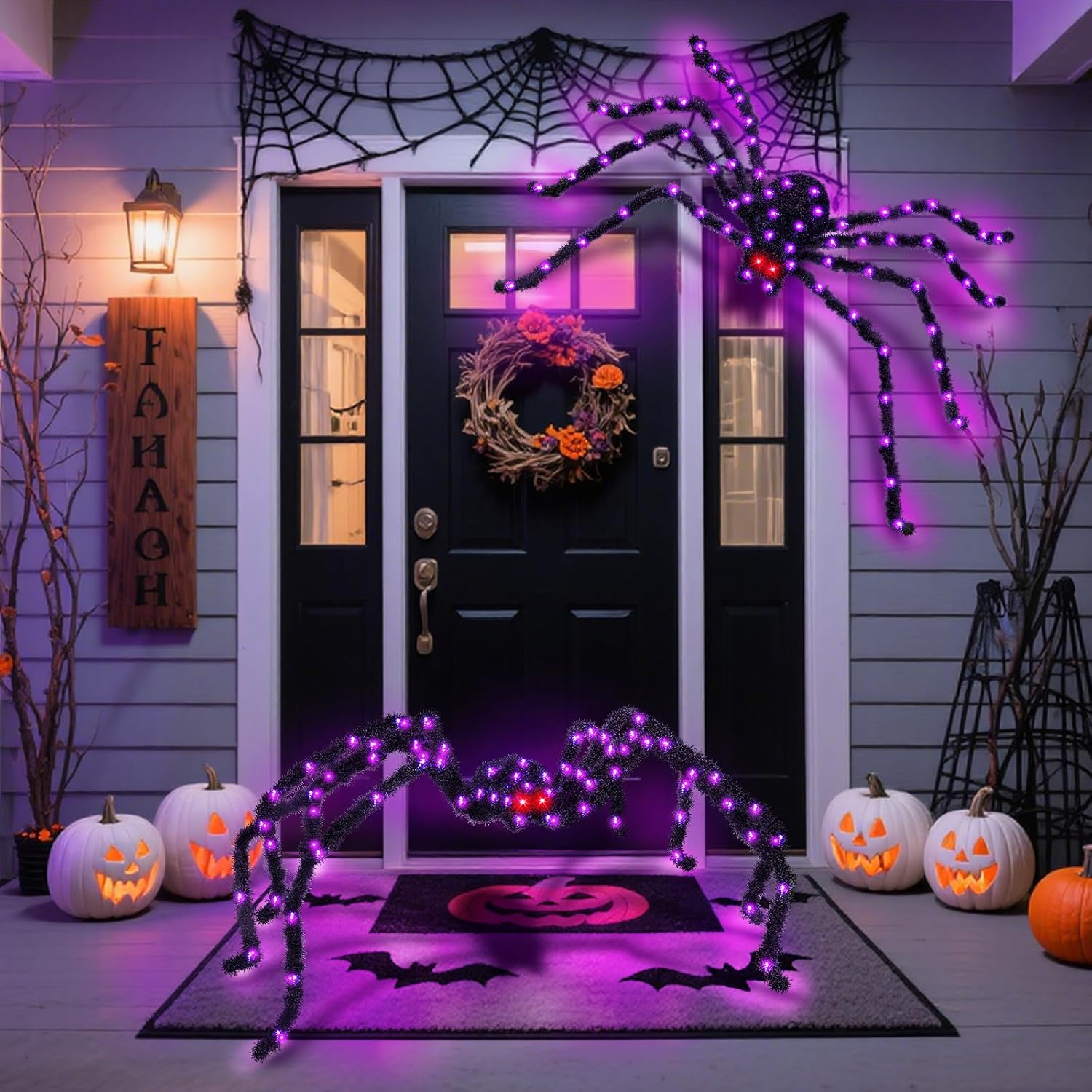 Halloween Spider Lights with Timer 73 LED Giant Fuzzy Spider Halloween Decor for Indoor Outdoor Halloweens Decorations Yard Porch Haunted House Scary Spider Web Display