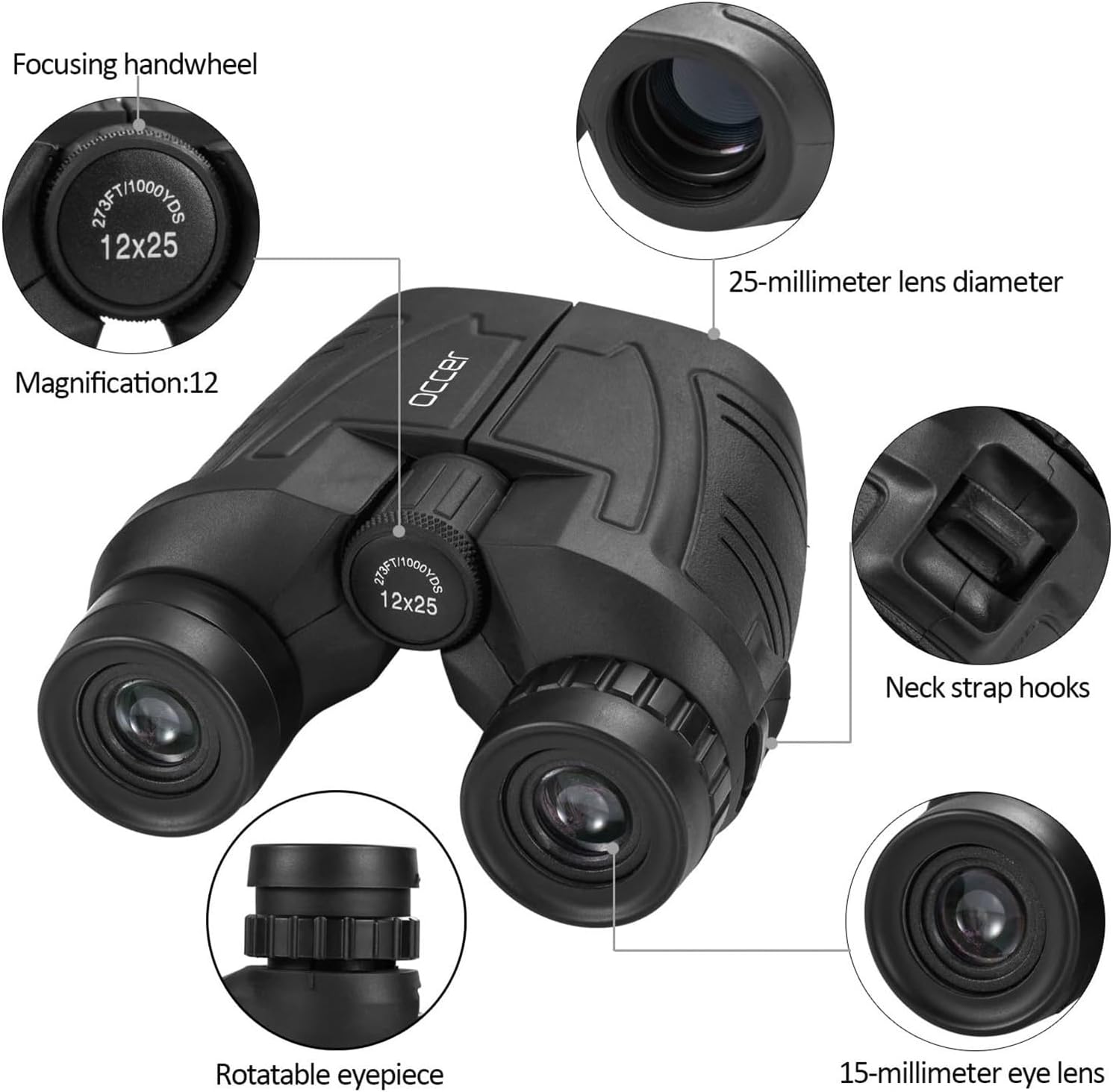 Occer 12x25 Compact Binoculars for Adults and Kids, Large Eyepiece Waterproof Binocular with Low Light Vision,High Powered Easy Focus Binoculars for Bird Watching,Outdoor Hunting,Travel,Sightseeing