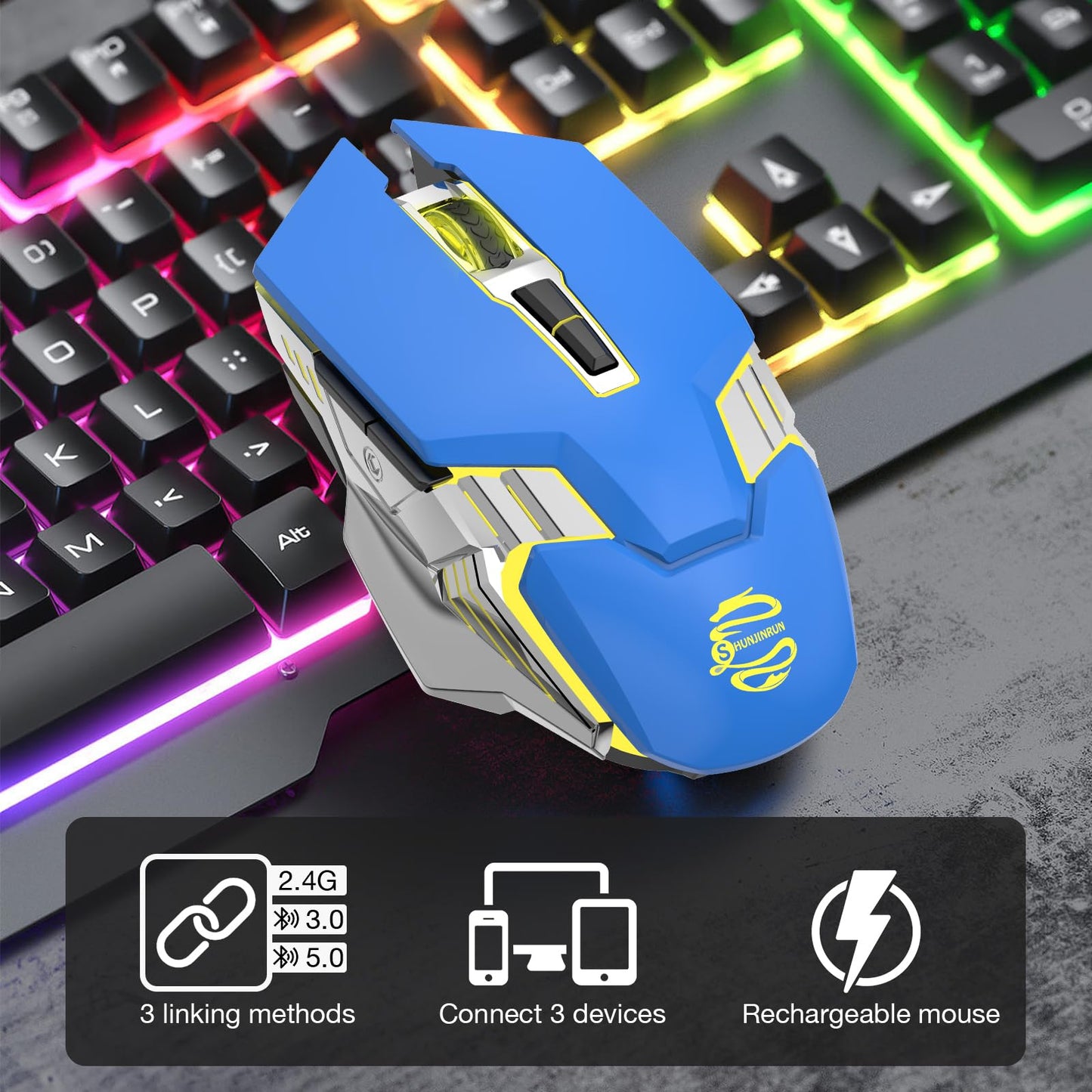 Bluetooth Gaming Mouse, RGB Rechargeable USB Wireless Mouse, Quiet Click, LED Backlit, Ergonomic, with Side Button, 6 Button, DPI Adjustable, Computer Mice for Laptop PC MacBook Chromebook - Grey
