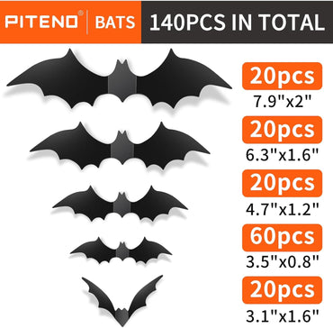 Piteno® 140Pcs Bats Halloween Decorations Party Supplies, Realistic PVC 3D Black Scary Bat Stickers for Creepy Home Decor Halloween Party Decorations DIY Wall Window Decal Bathroom Indoor