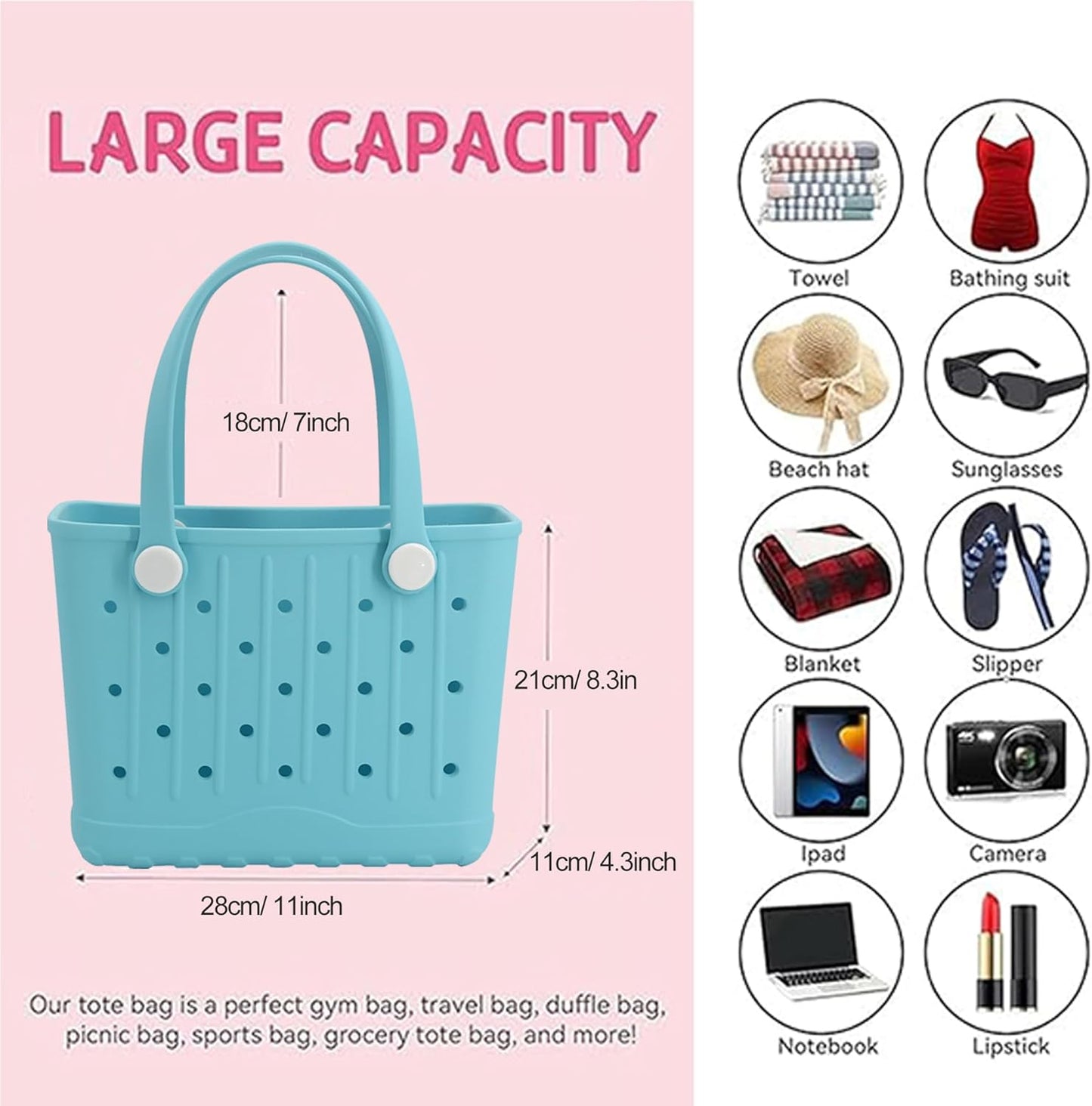 Rubber Tote Bag Small Beach Bag Waterproof Travel Bags Washable Tote Portable Open Handbag for Sports Beach Boat Outdoor