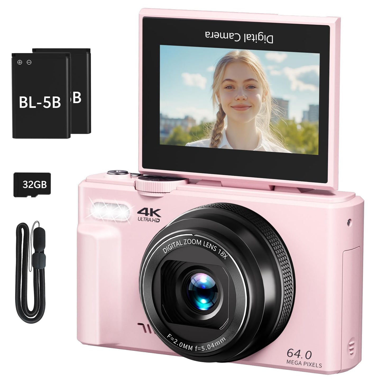 4K Digital Camera for Photography, 64MP Vlogging Camera for YouTube with 3" 180° Flip Screen, 18X Digital Zoom Point and Shoot Camara with 32GB Micro SD Card for Beginner (Black)
