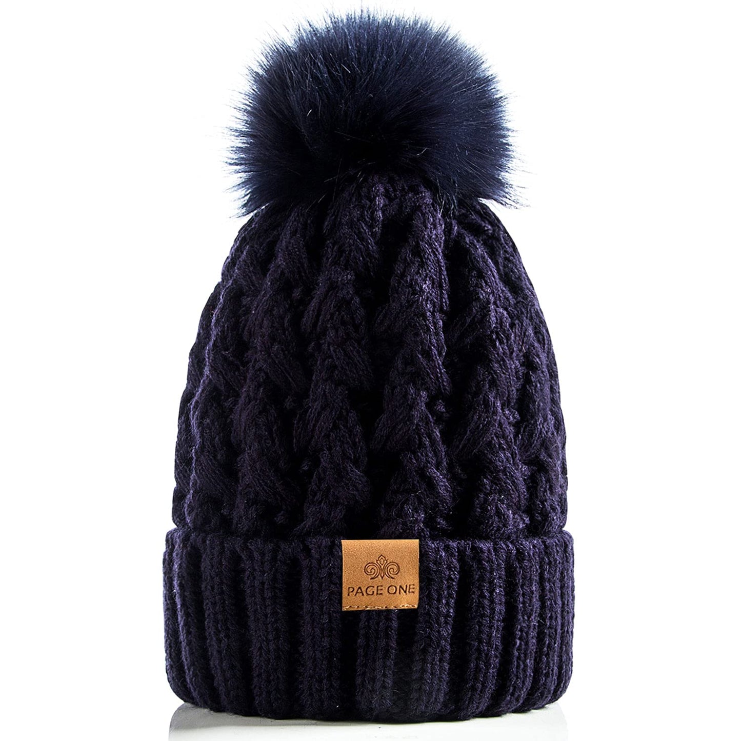 PAGE ONE Womens Winter Ribbed Beanie Crossed Cap Chunky Cable Knit Pompom Soft Warm Hat