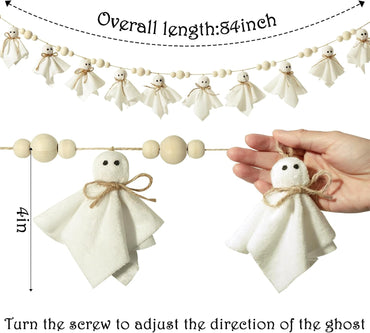 7Ft Cute Halloween Ghost with Wooden Beads Garlands, Handmade Rustic Halloween Banner for Wall Home Indoor Outdoor Spring Decor Supplies, White